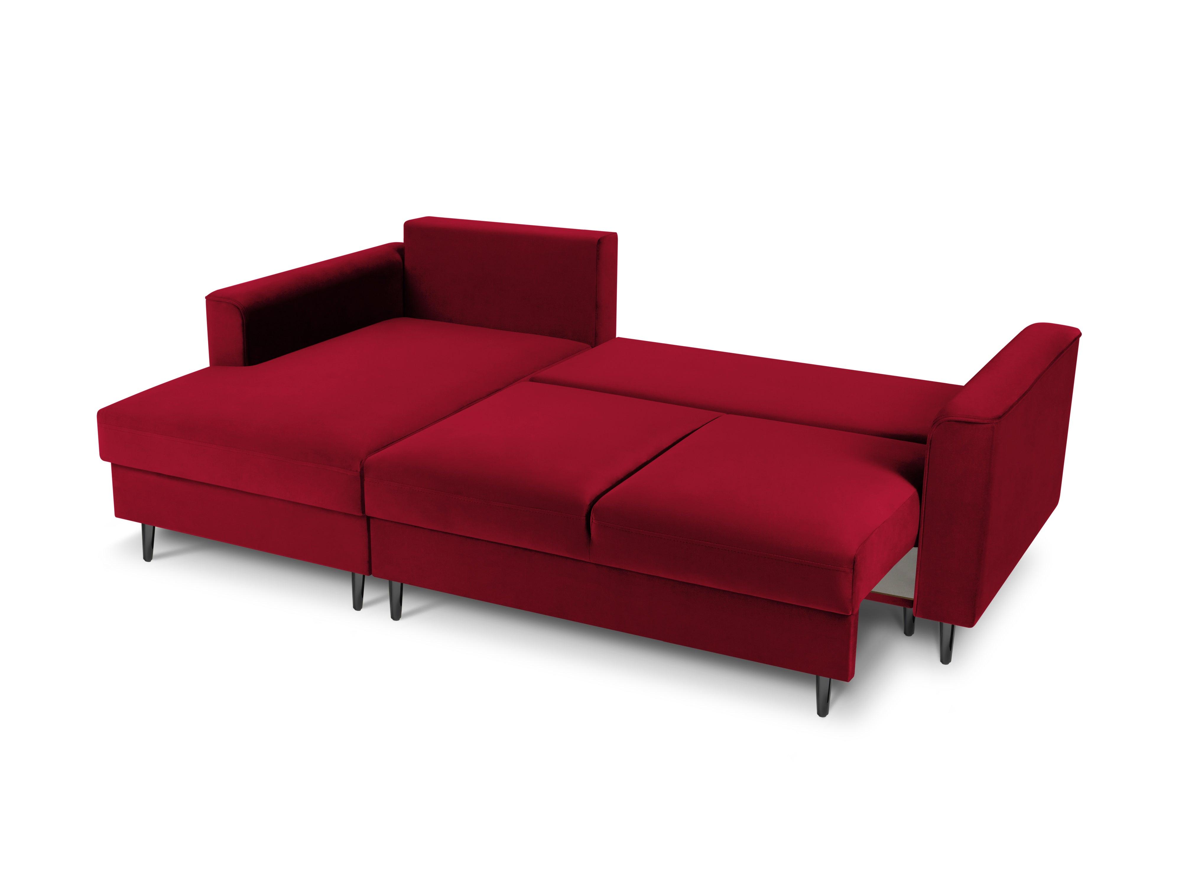 Narożnik lewostronny aksamitny z funkcją spania CARTADERA czerwony z czarną podstawą Mazzini Sofas Eye on Design