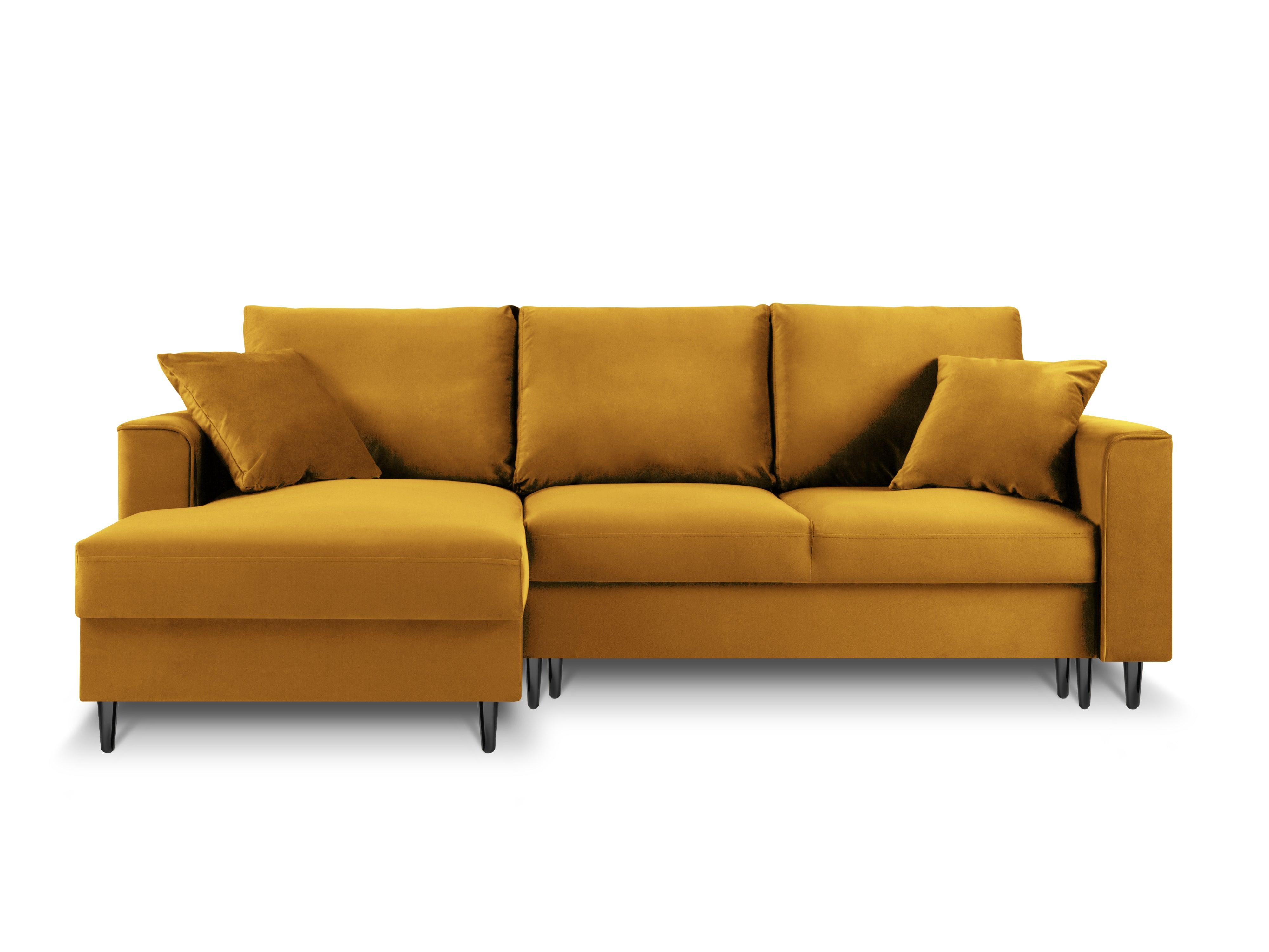 Narożnik lewostronny aksamitny z funkcją spania CARTADERA musztardowy z czarną podstawą Mazzini Sofas Eye on Design