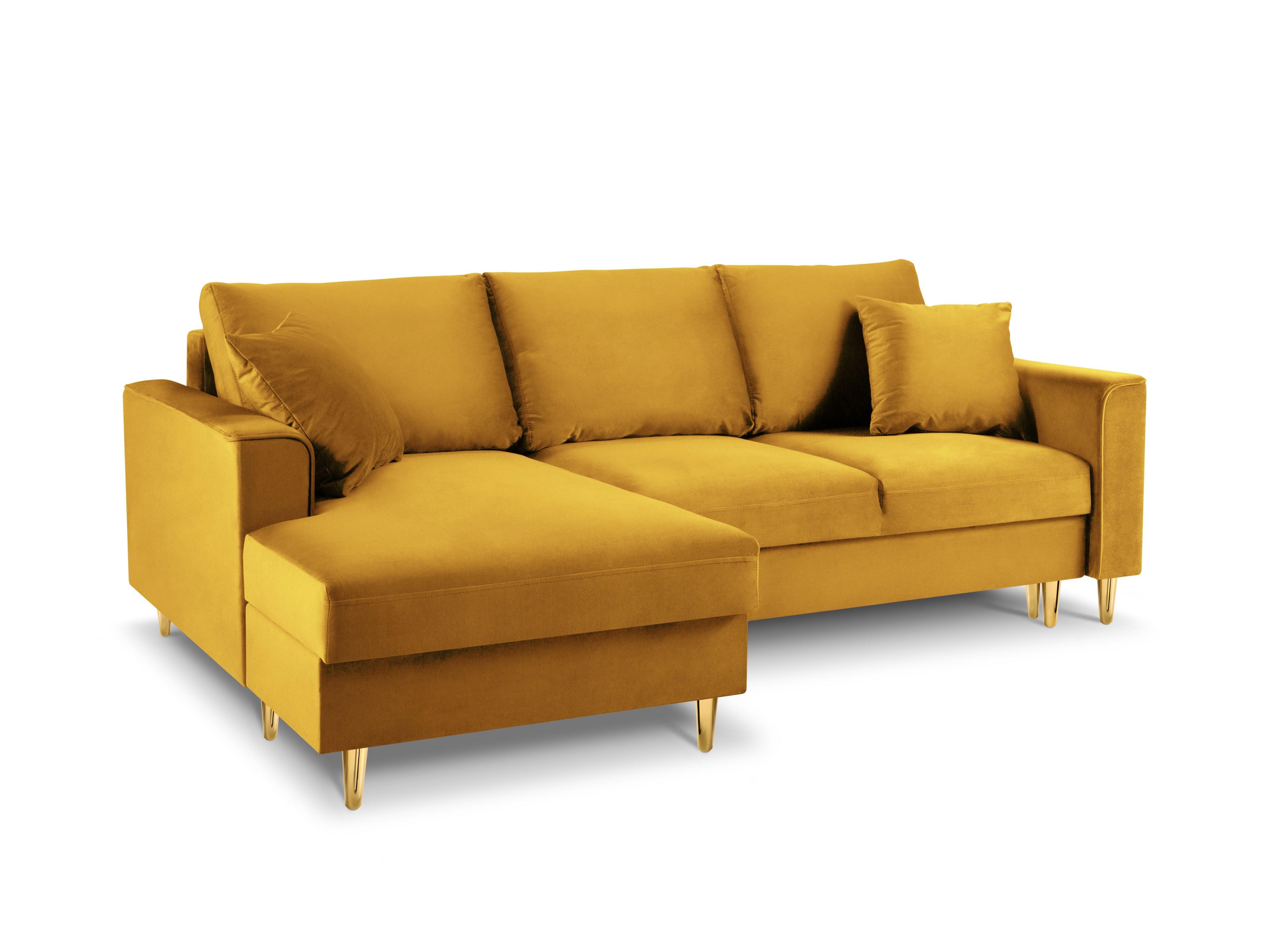 Narożnik lewostronny aksamitny z funkcją spania CARTADERA musztardowy ze złotą podstawą Mazzini Sofas Eye on Design