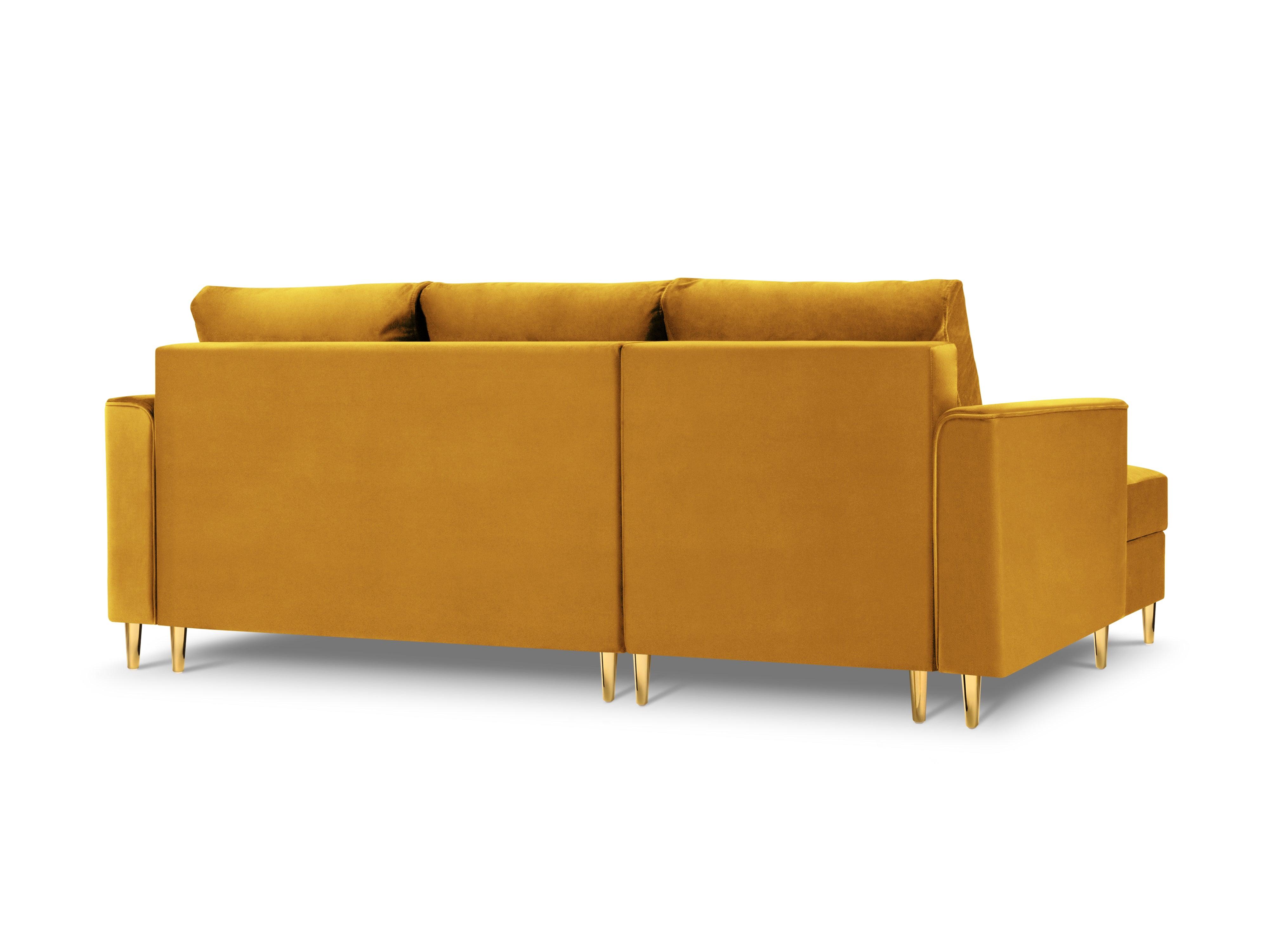 Narożnik lewostronny aksamitny z funkcją spania CARTADERA musztardowy ze złotą podstawą Mazzini Sofas Eye on Design