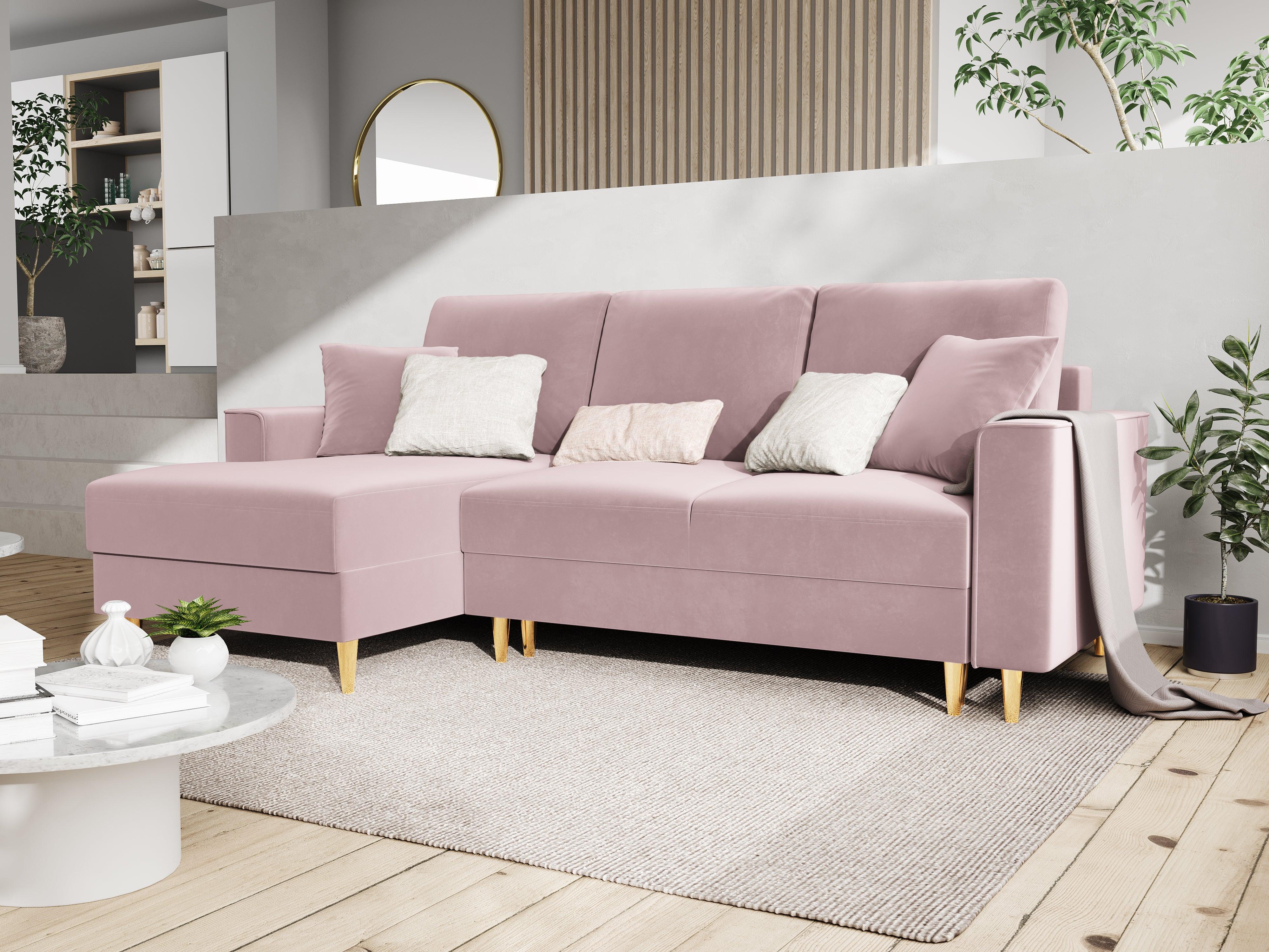 Narożnik lewostronny aksamitny z funkcją spania CARTADERA pudrowy róż ze złotą podstawą Mazzini Sofas Eye on Design