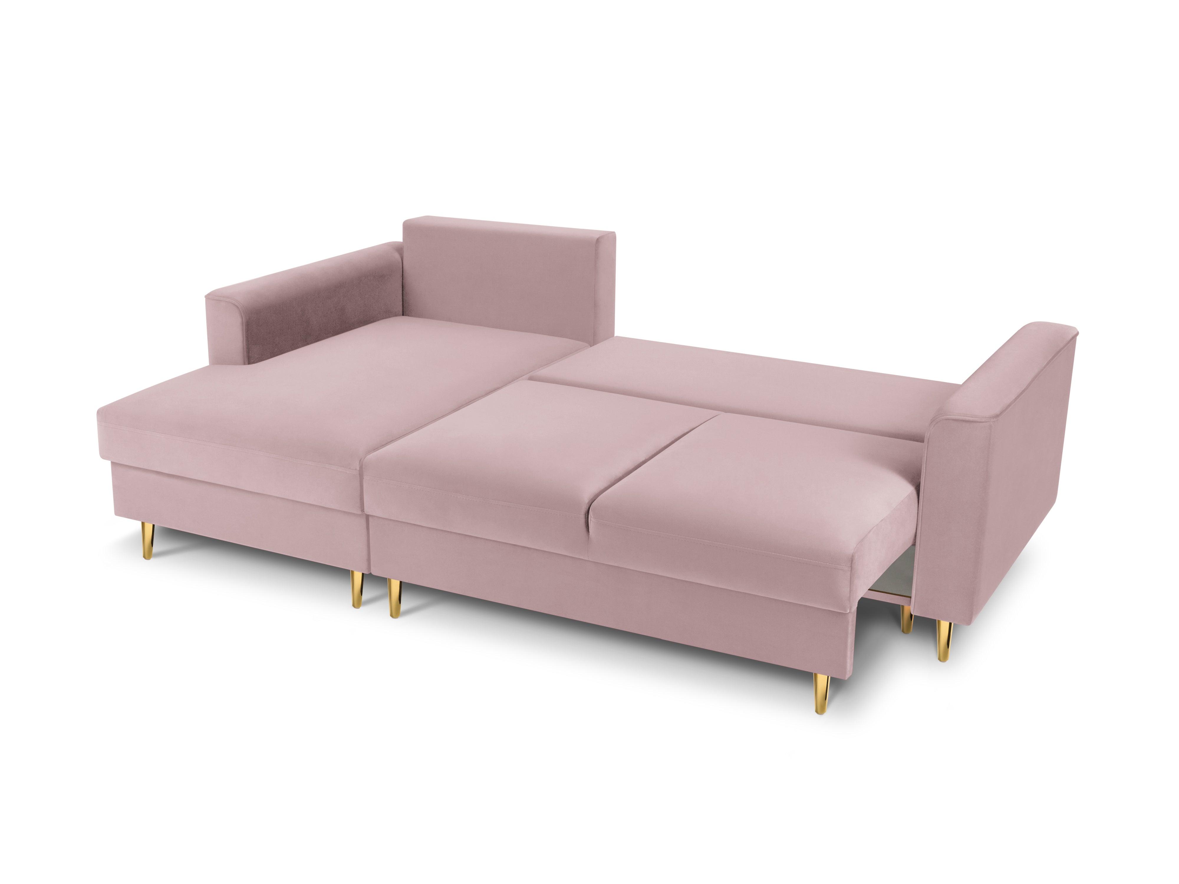 Narożnik lewostronny aksamitny z funkcją spania CARTADERA pudrowy róż ze złotą podstawą Mazzini Sofas Eye on Design