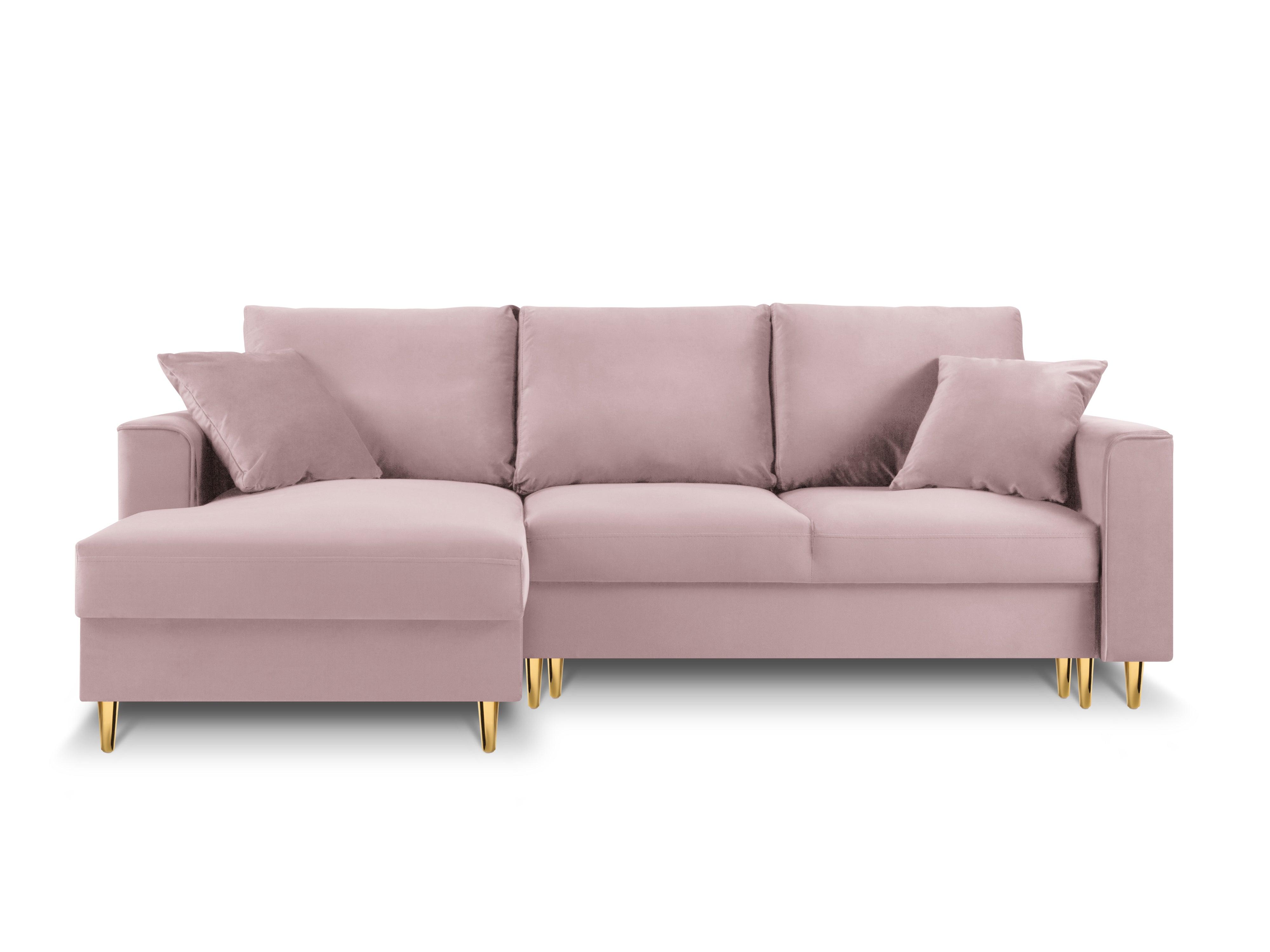 Narożnik lewostronny aksamitny z funkcją spania CARTADERA pudrowy róż ze złotą podstawą Mazzini Sofas Eye on Design