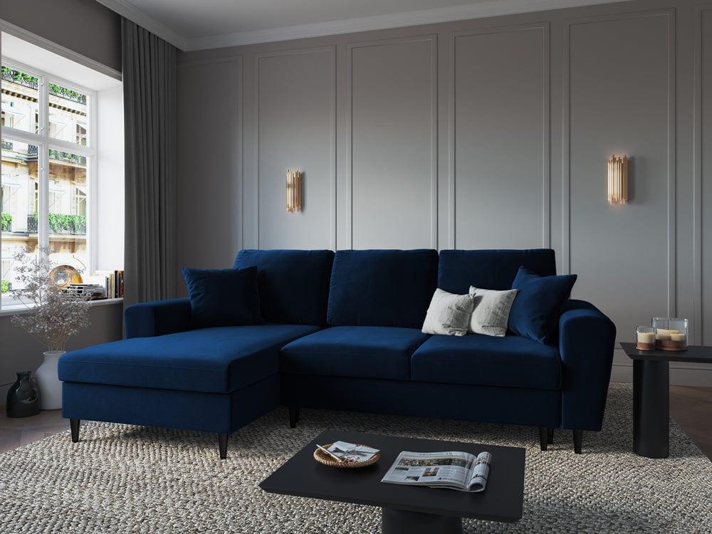 Narożnik lewostronny aksamitny z funkcją spania KYOTO niebieski z czarną podstawą Cosmopolitan Design Eye on Design