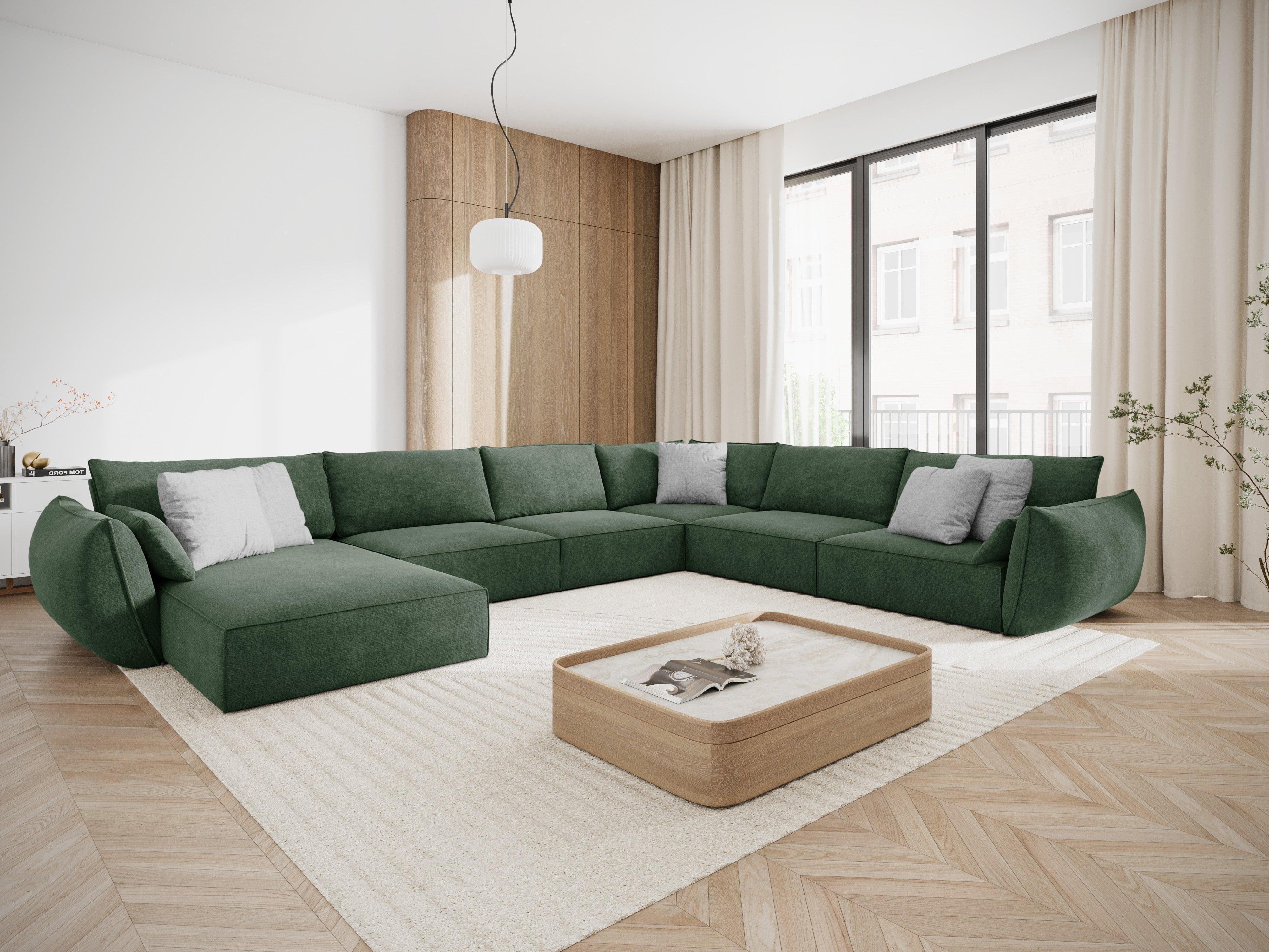 Narożnik panoramiczny w tkaninie szenilowej prawostronny VANDA butelkowa zieleń Mazzini Sofas Eye on Design