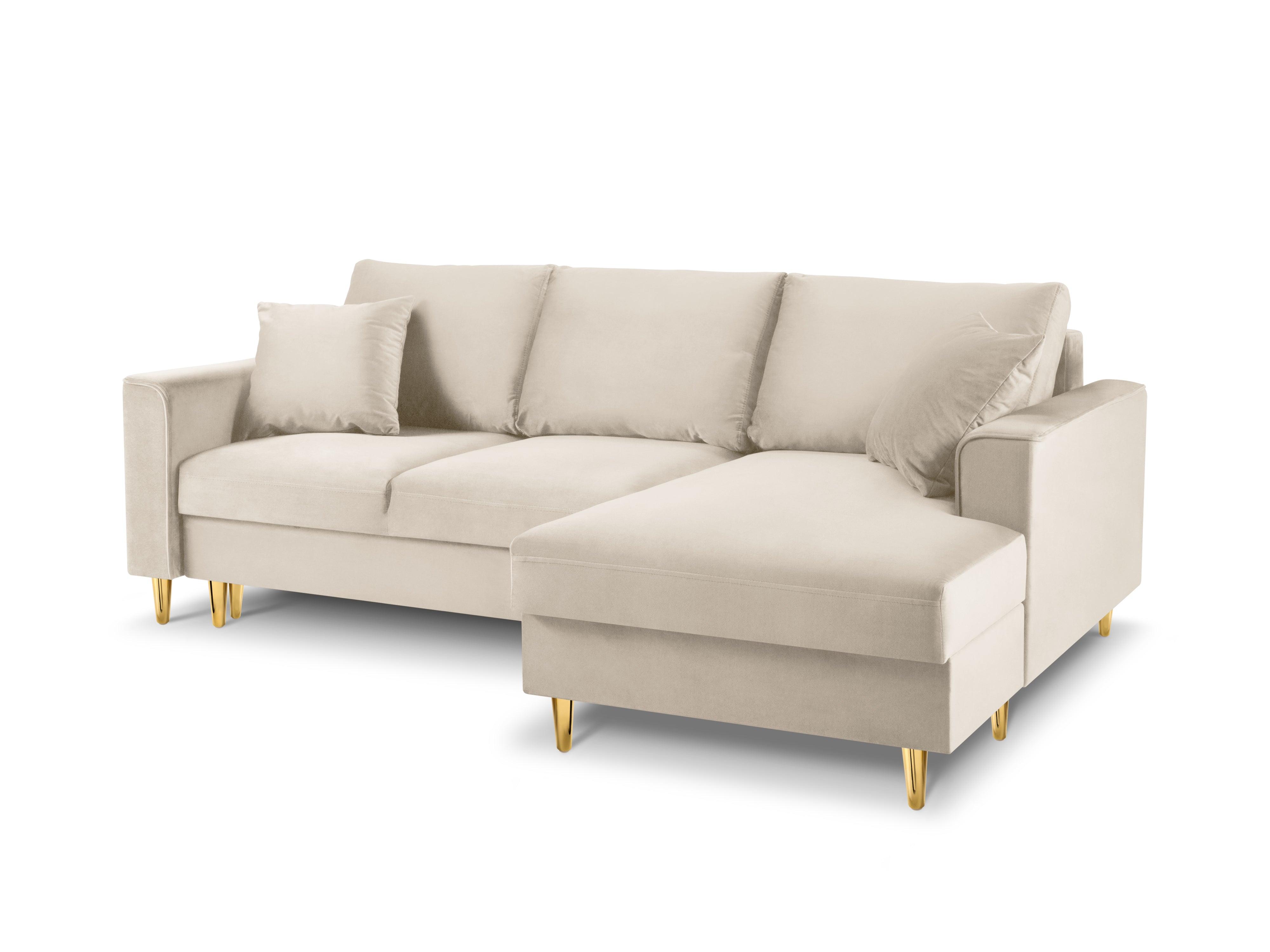 Narożnik prawostronny aksamitny z funkcją spania CARTADERA beżowy ze złotą podstawą Mazzini Sofas Eye on Design