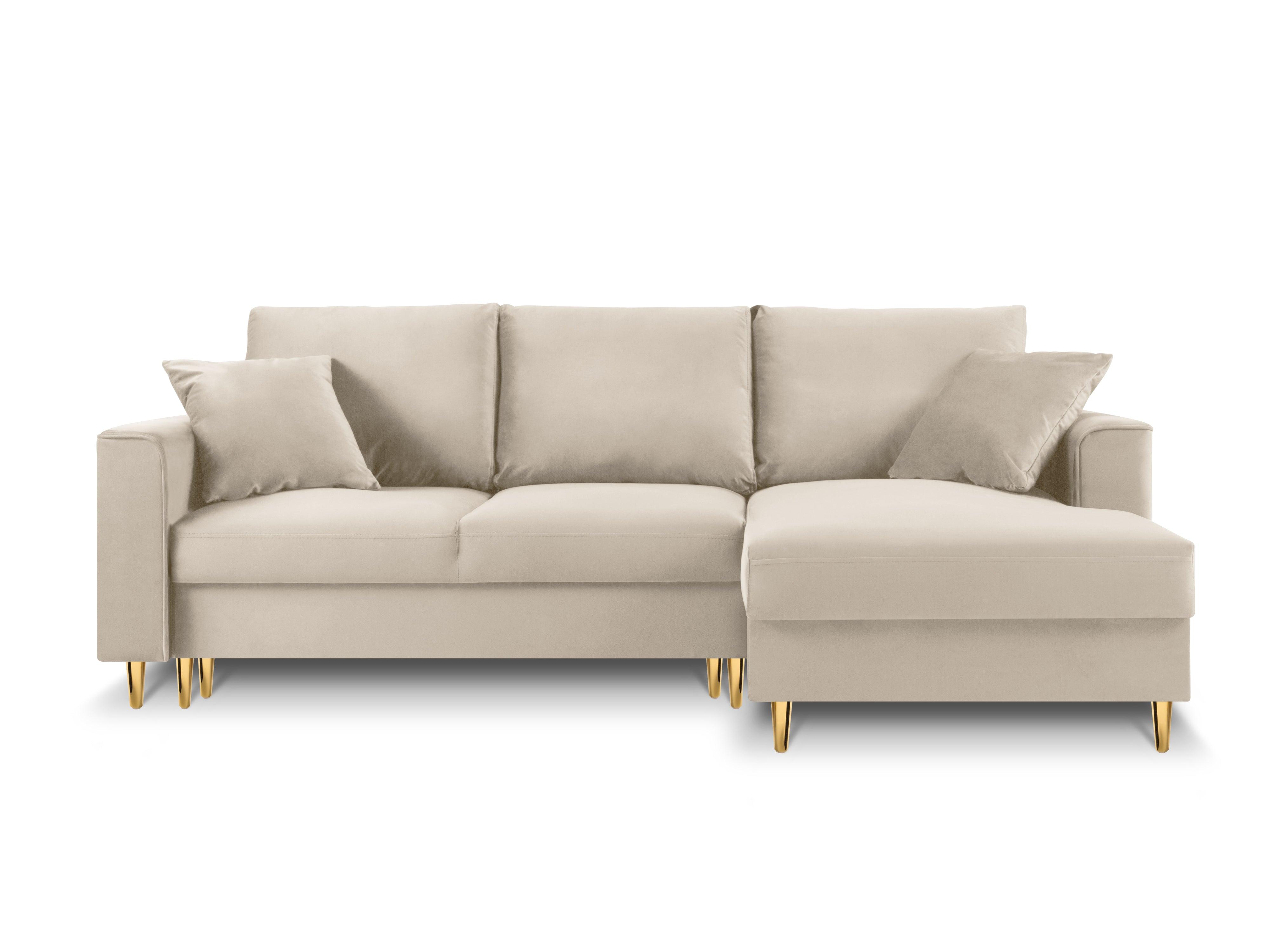 Narożnik prawostronny aksamitny z funkcją spania CARTADERA beżowy ze złotą podstawą Mazzini Sofas Eye on Design