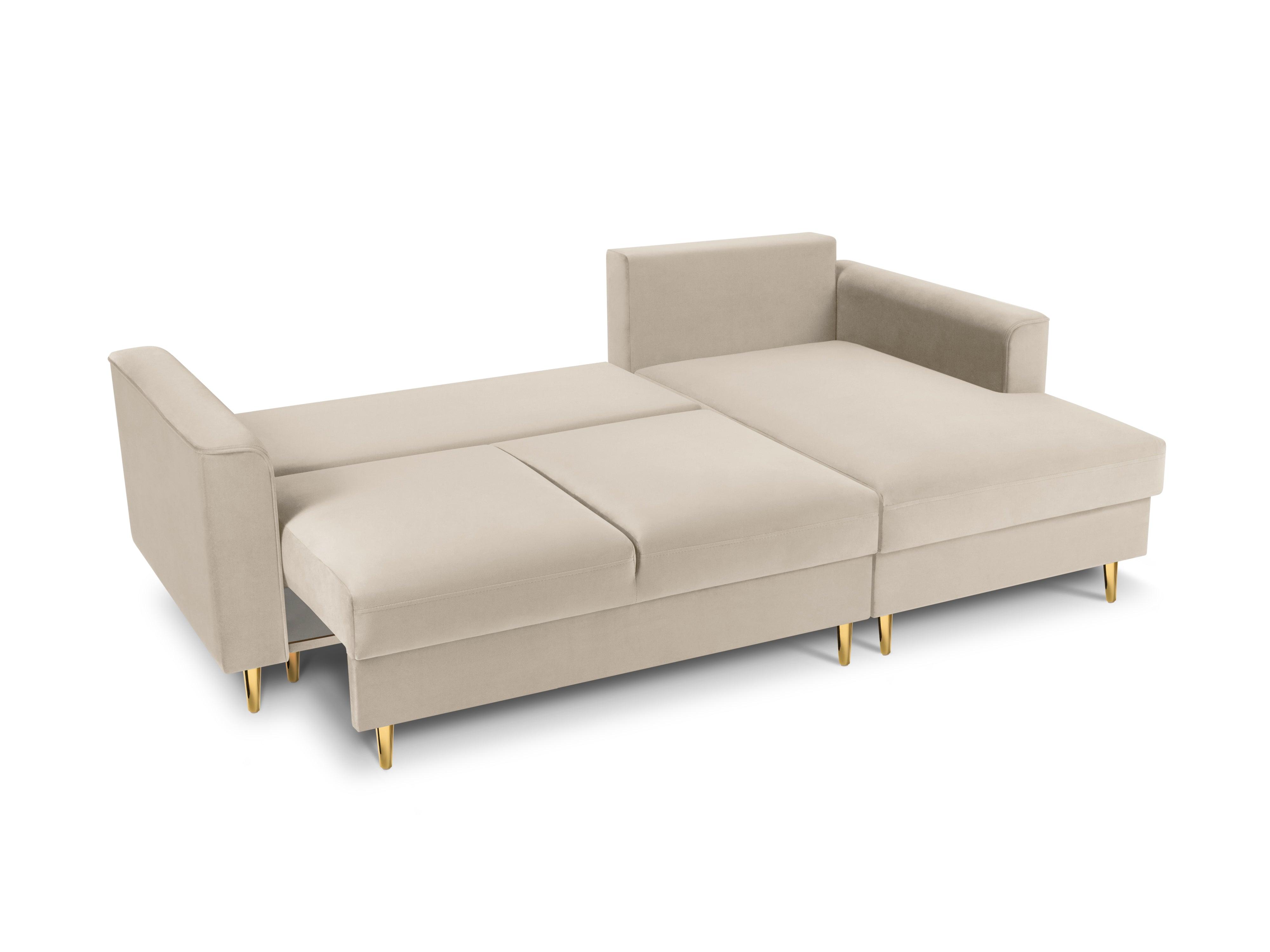 Narożnik prawostronny aksamitny z funkcją spania CARTADERA beżowy ze złotą podstawą Mazzini Sofas Eye on Design