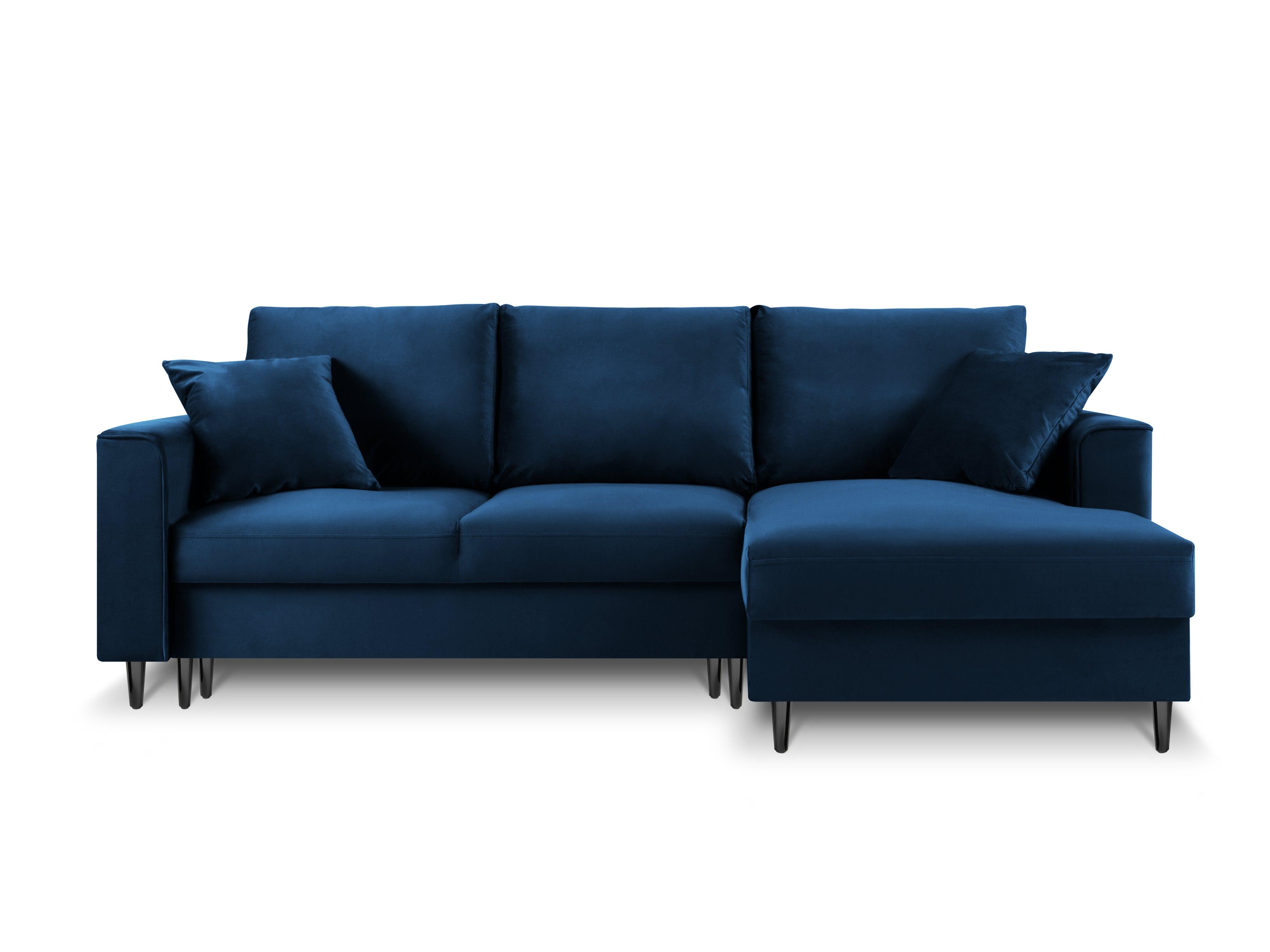 Narożnik prawostronny aksamitny z funkcją spania CARTADERA błękit królewski z czarną podstawą Mazzini Sofas Eye on Design