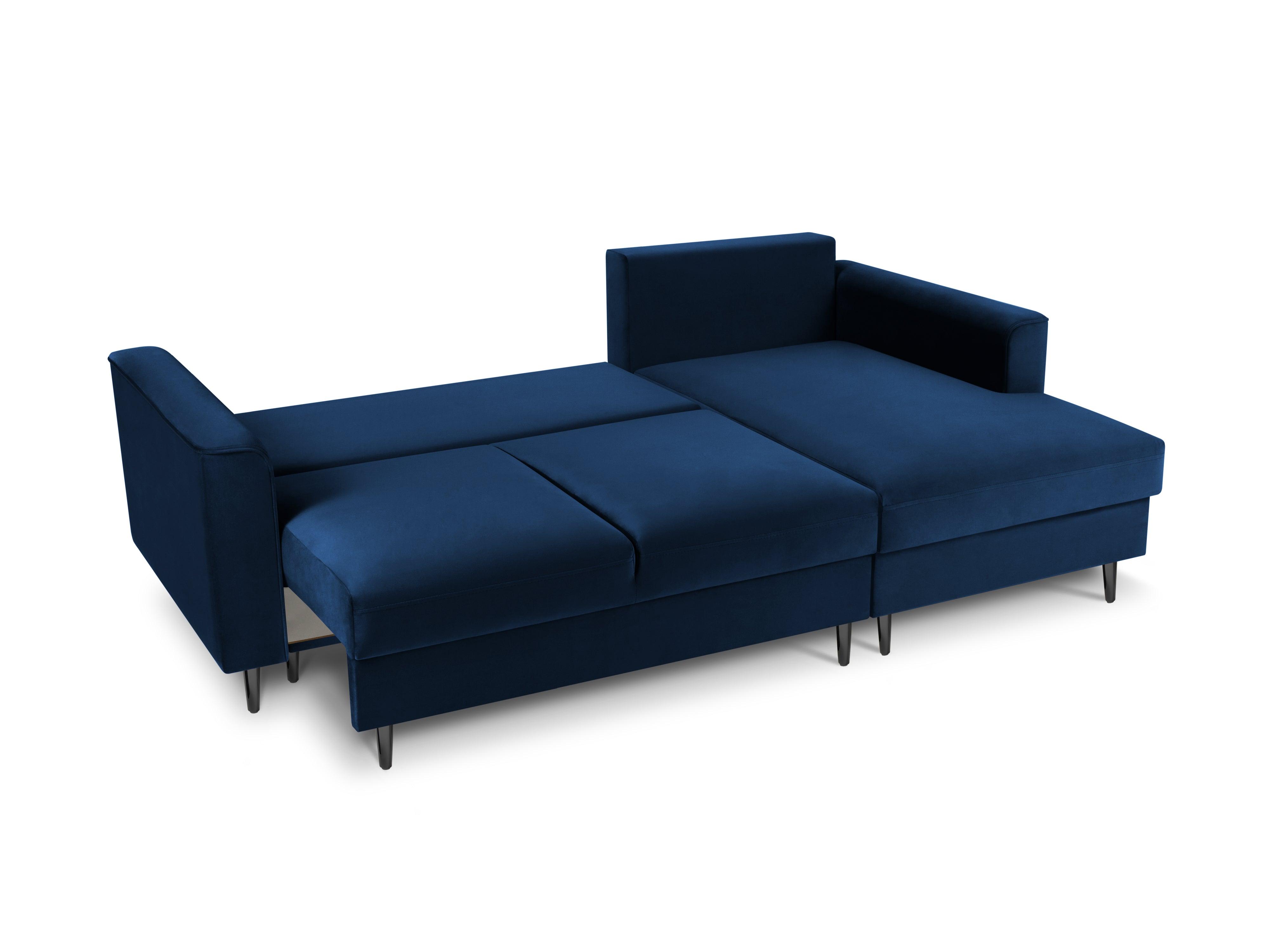 Narożnik prawostronny aksamitny z funkcją spania CARTADERA błękit królewski z czarną podstawą Mazzini Sofas Eye on Design