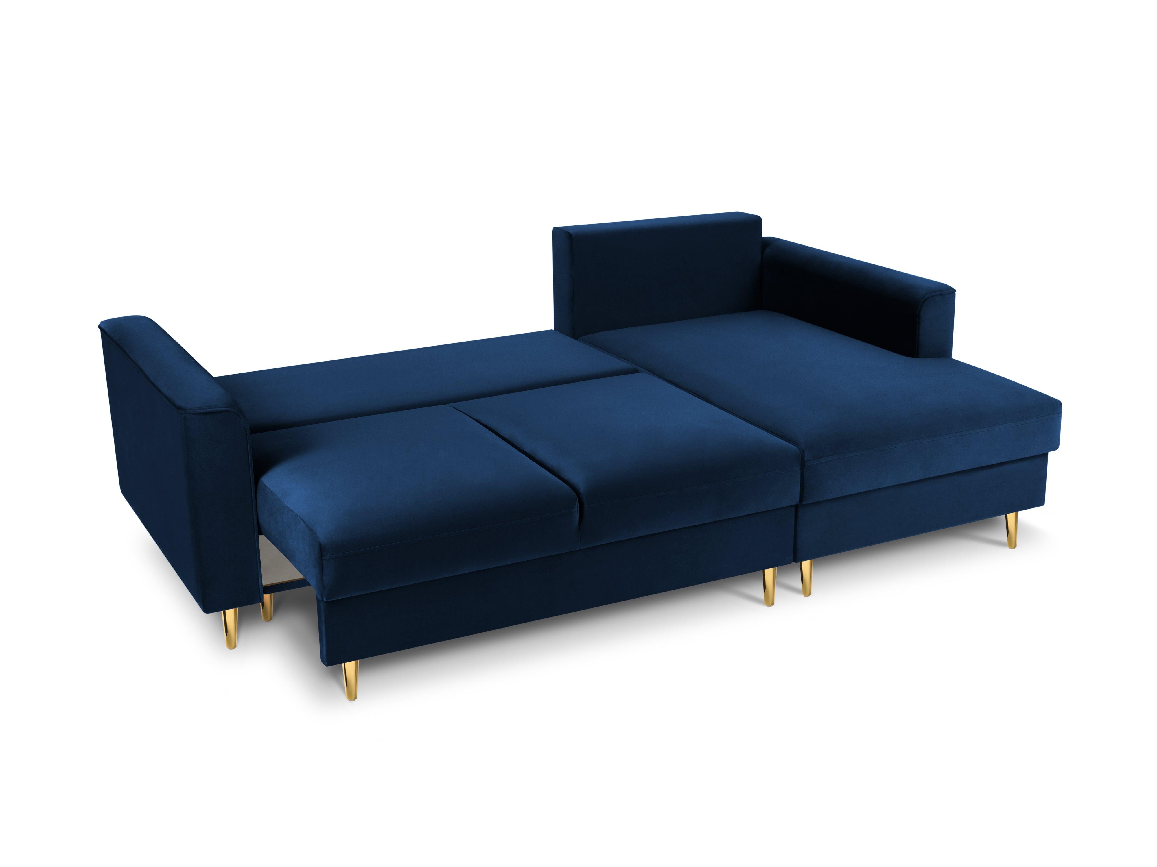 Narożnik prawostronny aksamitny z funkcją spania CARTADERA błękit królewski ze złotą podstawą Mazzini Sofas Eye on Design