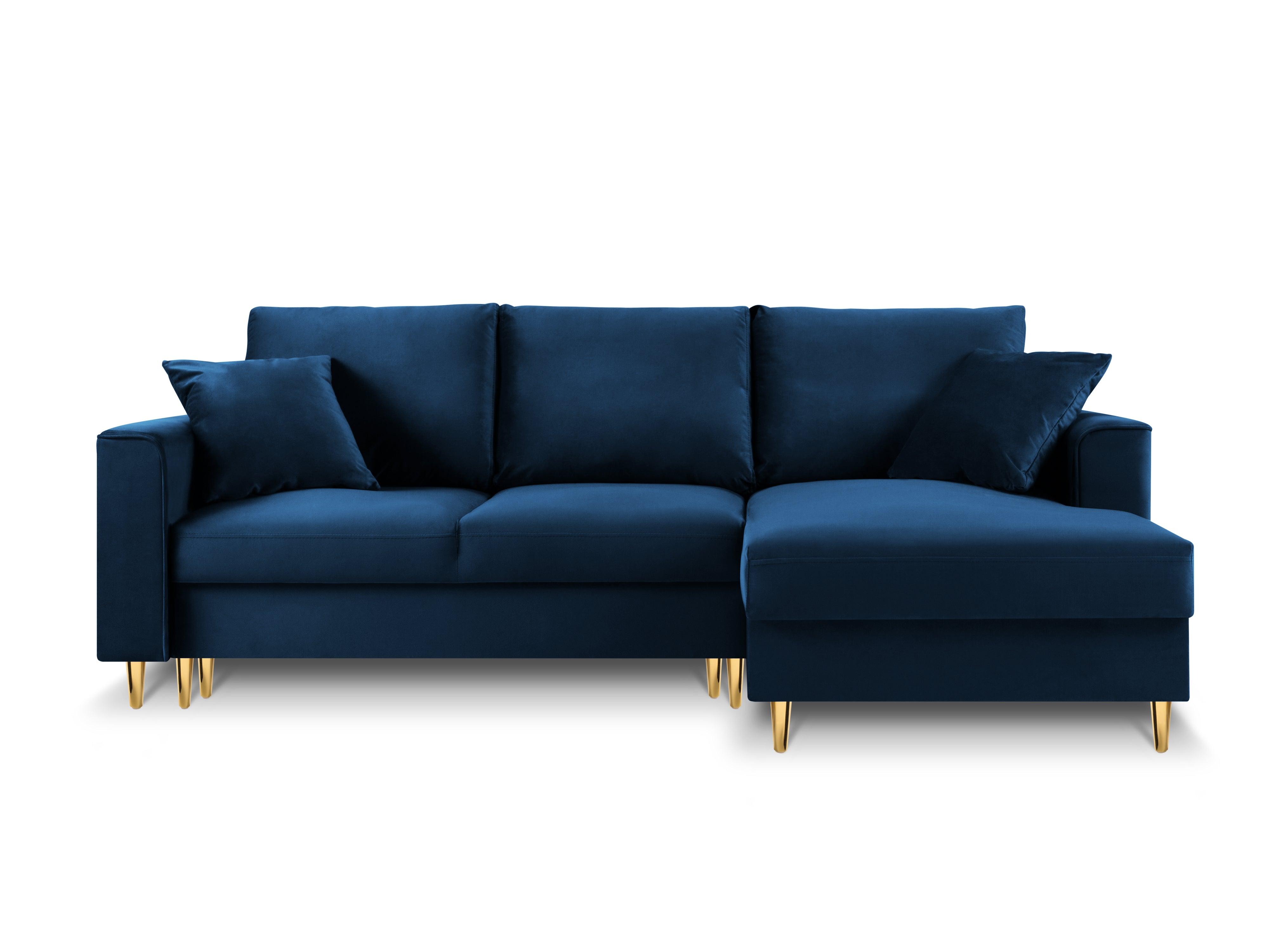Narożnik prawostronny aksamitny z funkcją spania CARTADERA błękit królewski ze złotą podstawą Mazzini Sofas Eye on Design