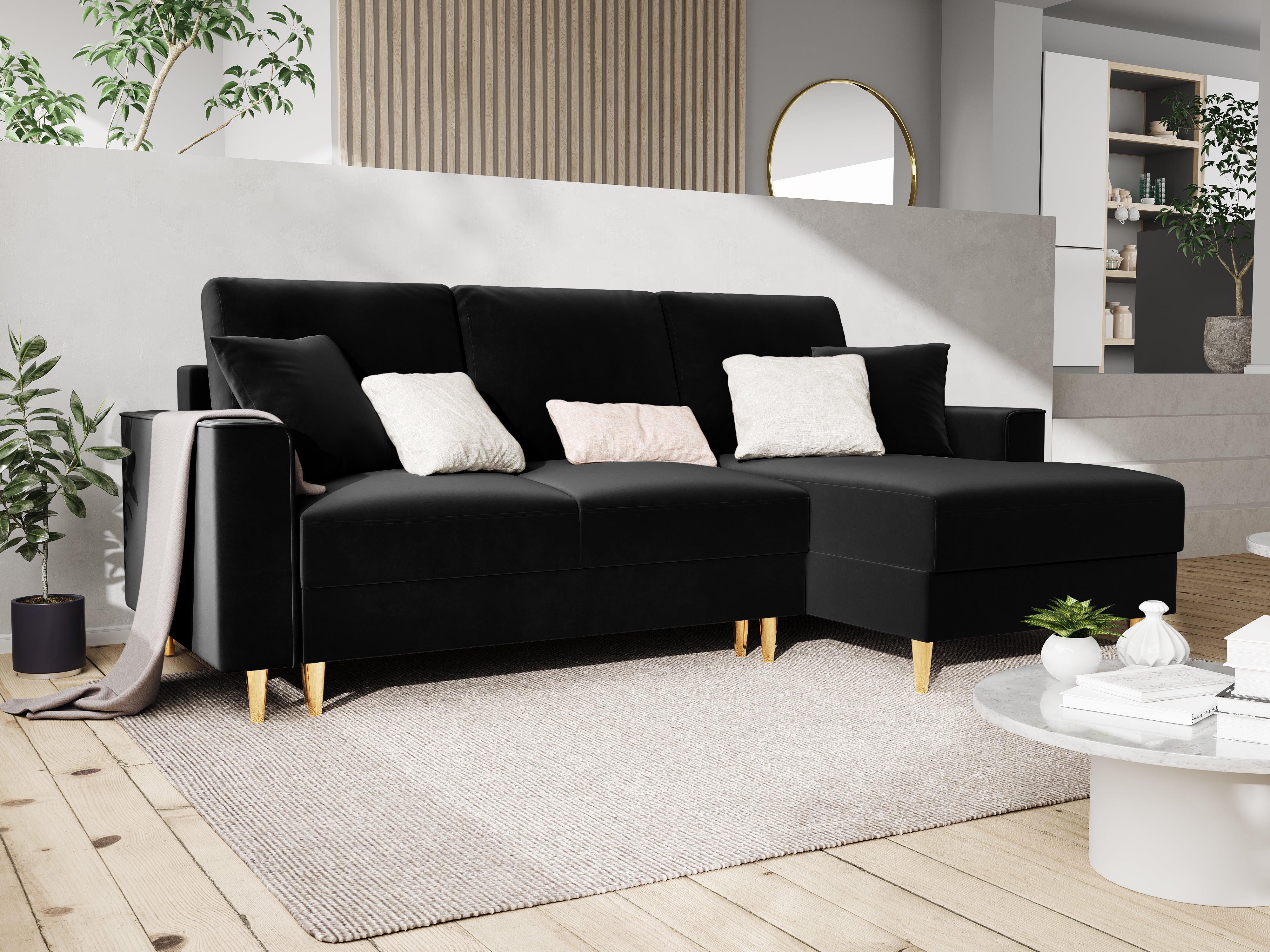 Narożnik prawostronny aksamitny z funkcją spania CARTADERA czarny ze złotą podstawą Mazzini Sofas Eye on Design