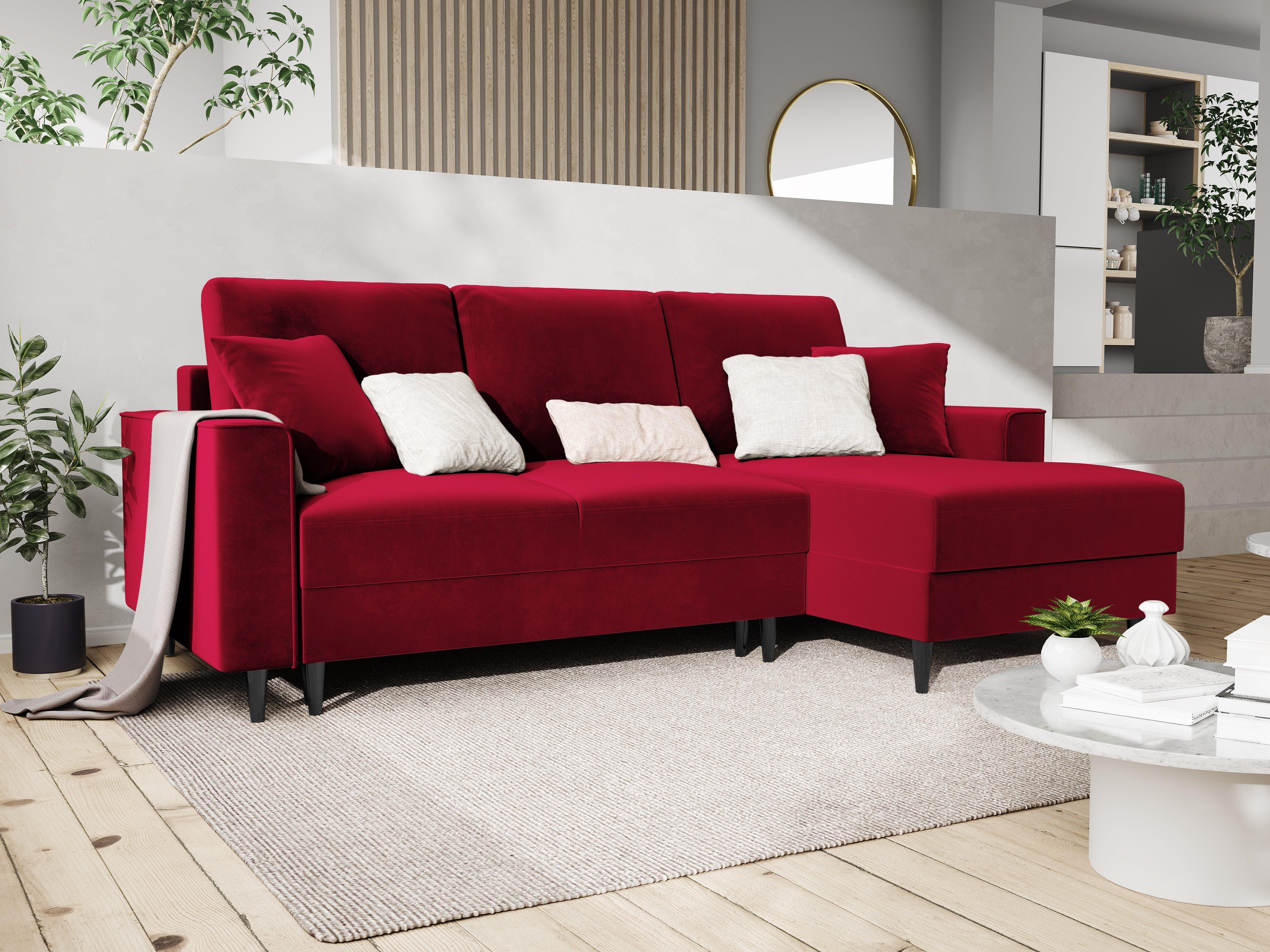 Narożnik prawostronny aksamitny z funkcją spania CARTADERA czerwony z czarną podstawą Mazzini Sofas Eye on Design