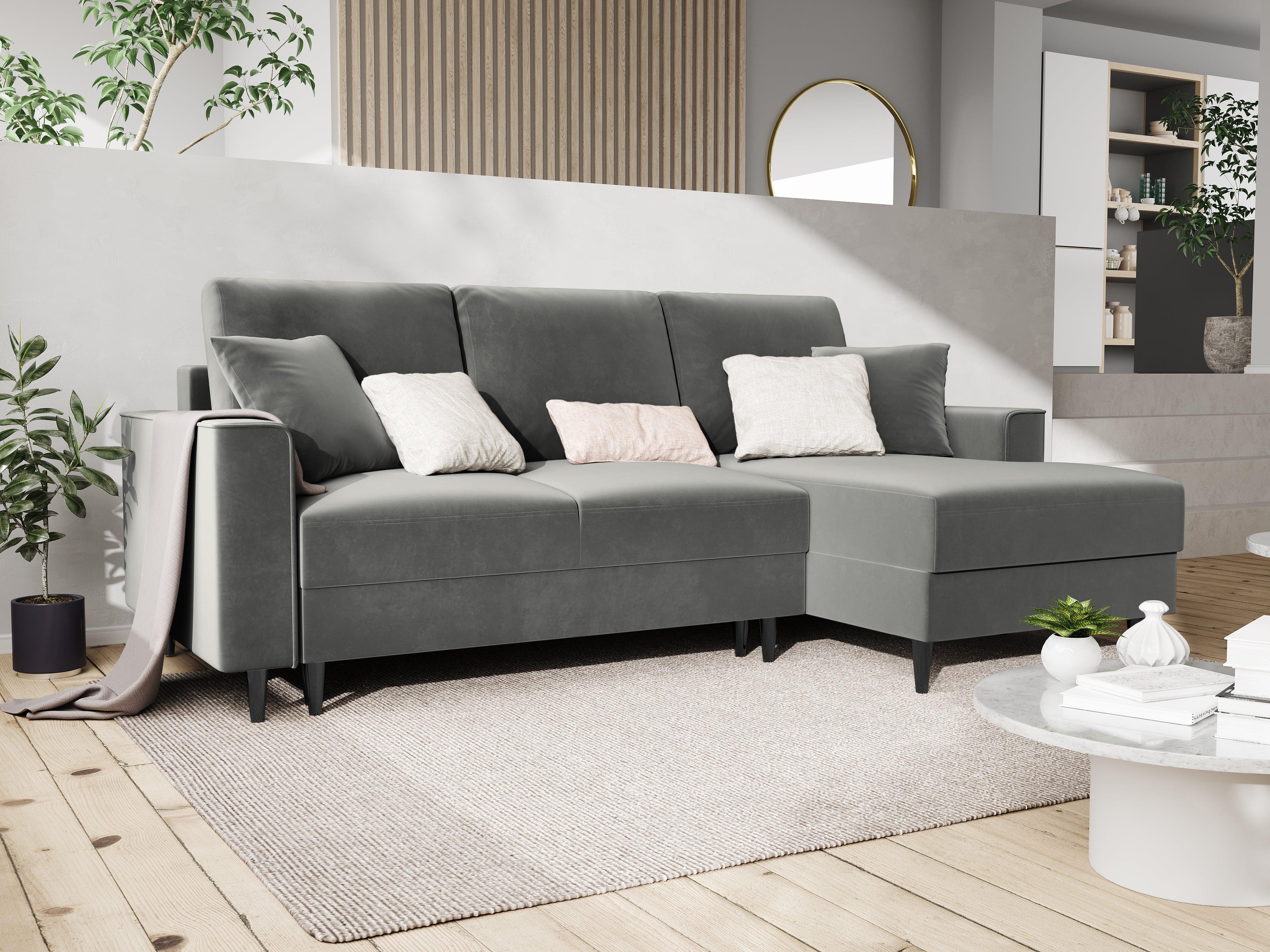 Narożnik prawostronny aksamitny z funkcją spania CARTADERA jasnoszary z czarną podstawą Mazzini Sofas Eye on Design