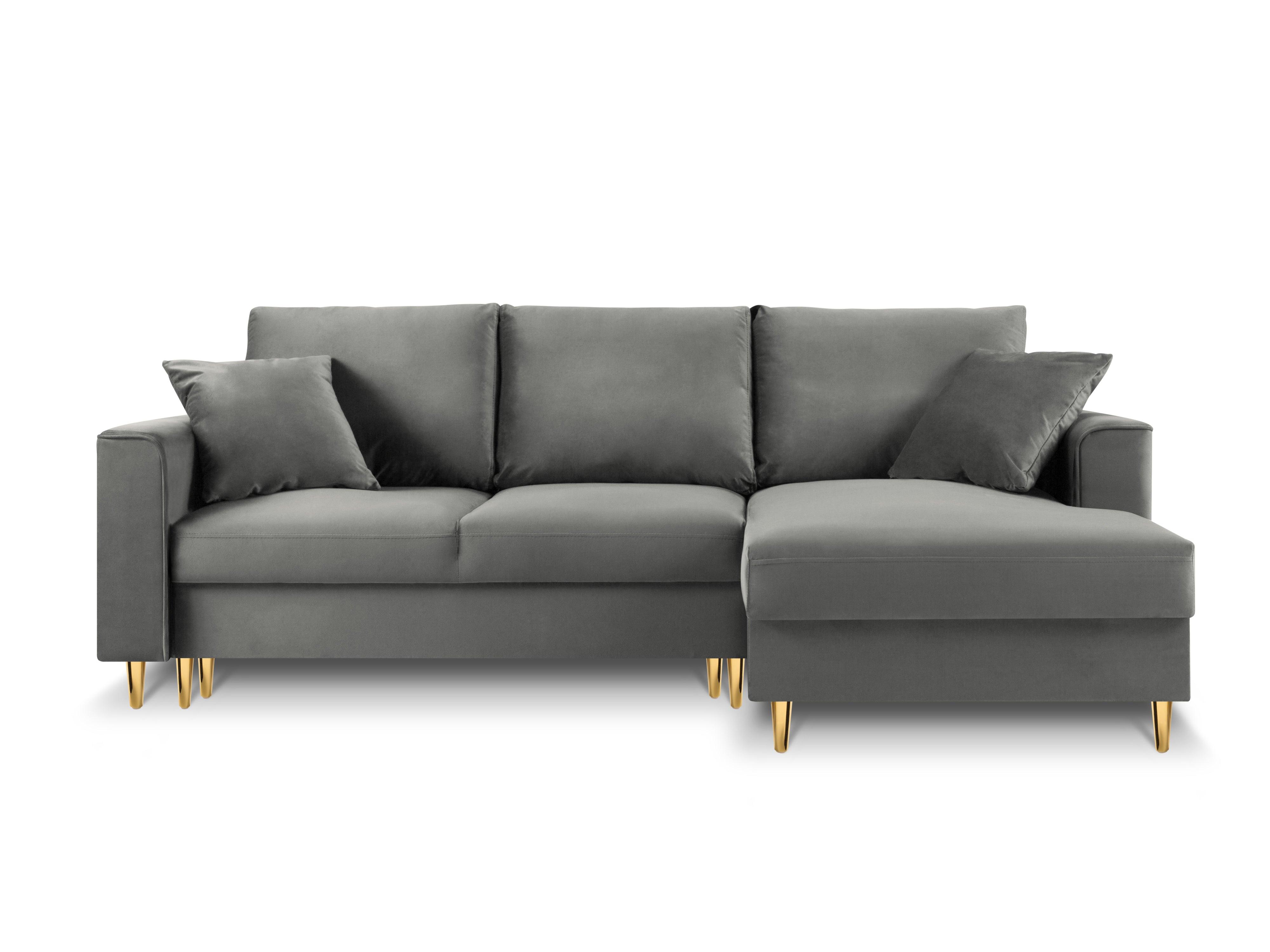 Narożnik prawostronny aksamitny z funkcją spania CARTADERA jasnoszary ze złotą podstawą Mazzini Sofas Eye on Design