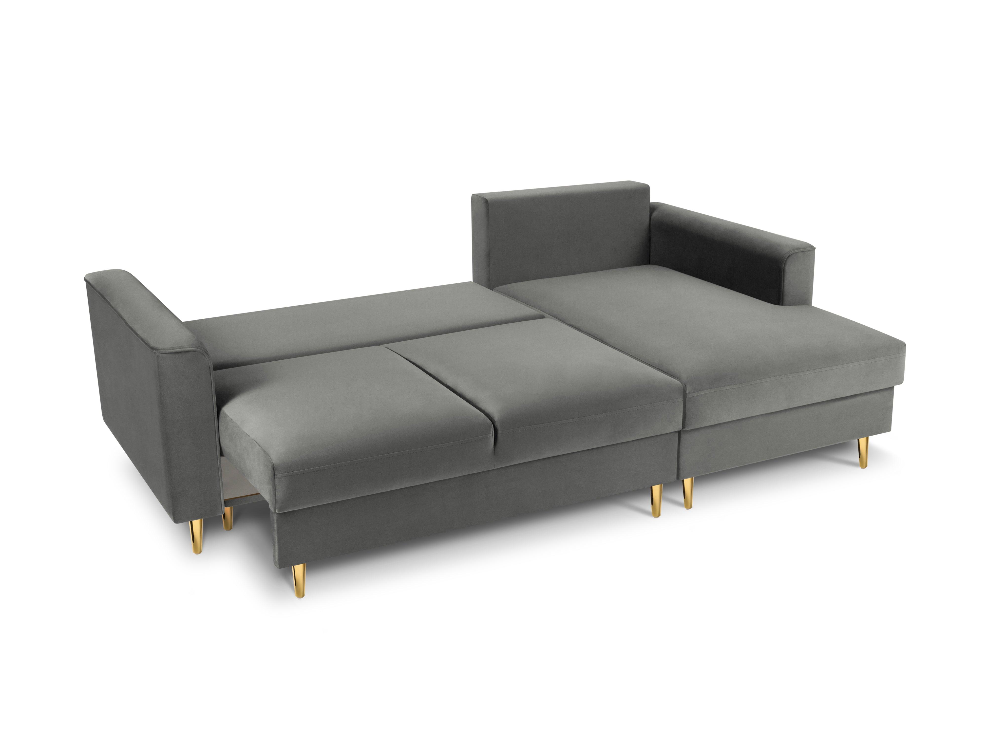 Narożnik prawostronny aksamitny z funkcją spania CARTADERA jasnoszary ze złotą podstawą Mazzini Sofas Eye on Design