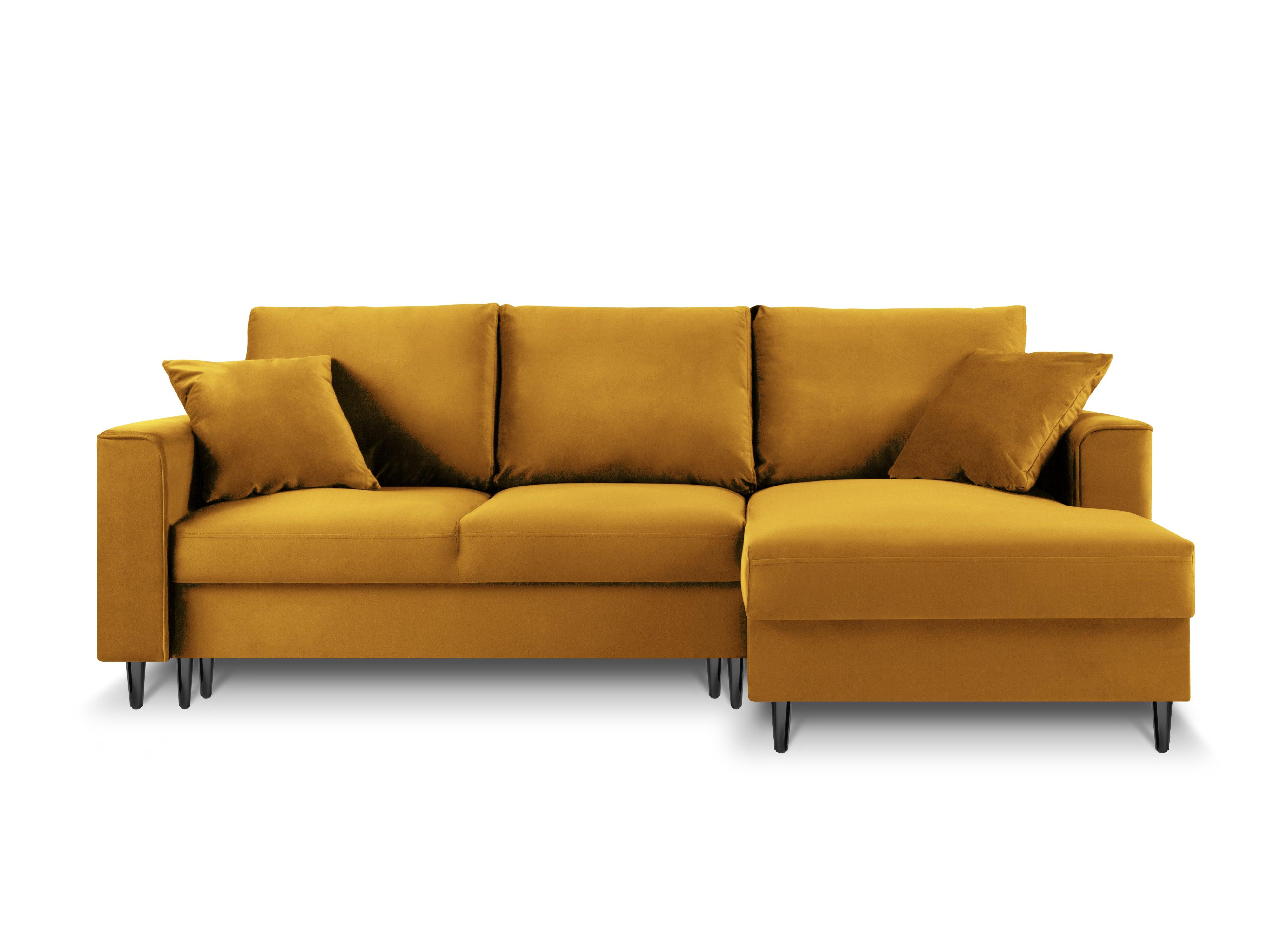 Narożnik prawostronny aksamitny z funkcją spania CARTADERA musztardowy z czarną podstawą Mazzini Sofas Eye on Design