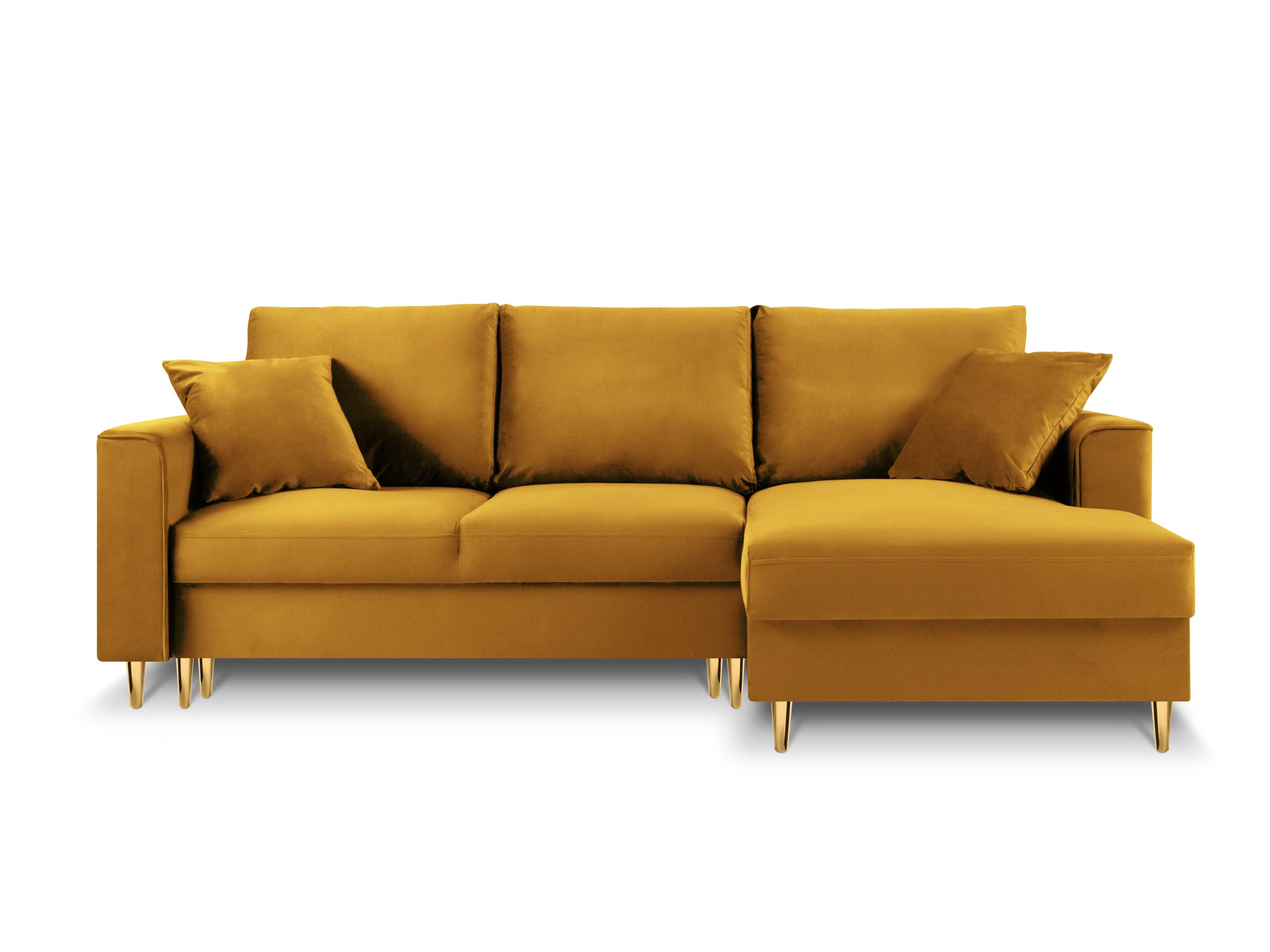 Narożnik prawostronny aksamitny z funkcją spania CARTADERA musztardowy ze złotą podstawą Mazzini Sofas Eye on Design