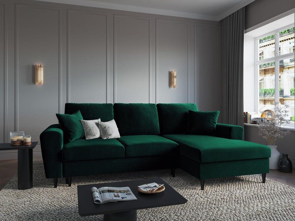 Narożnik prawostronny aksamitny z funkcją spania KYOTO butelkowa zieleń z czarną podstawą Cosmopolitan Design Eye on Design