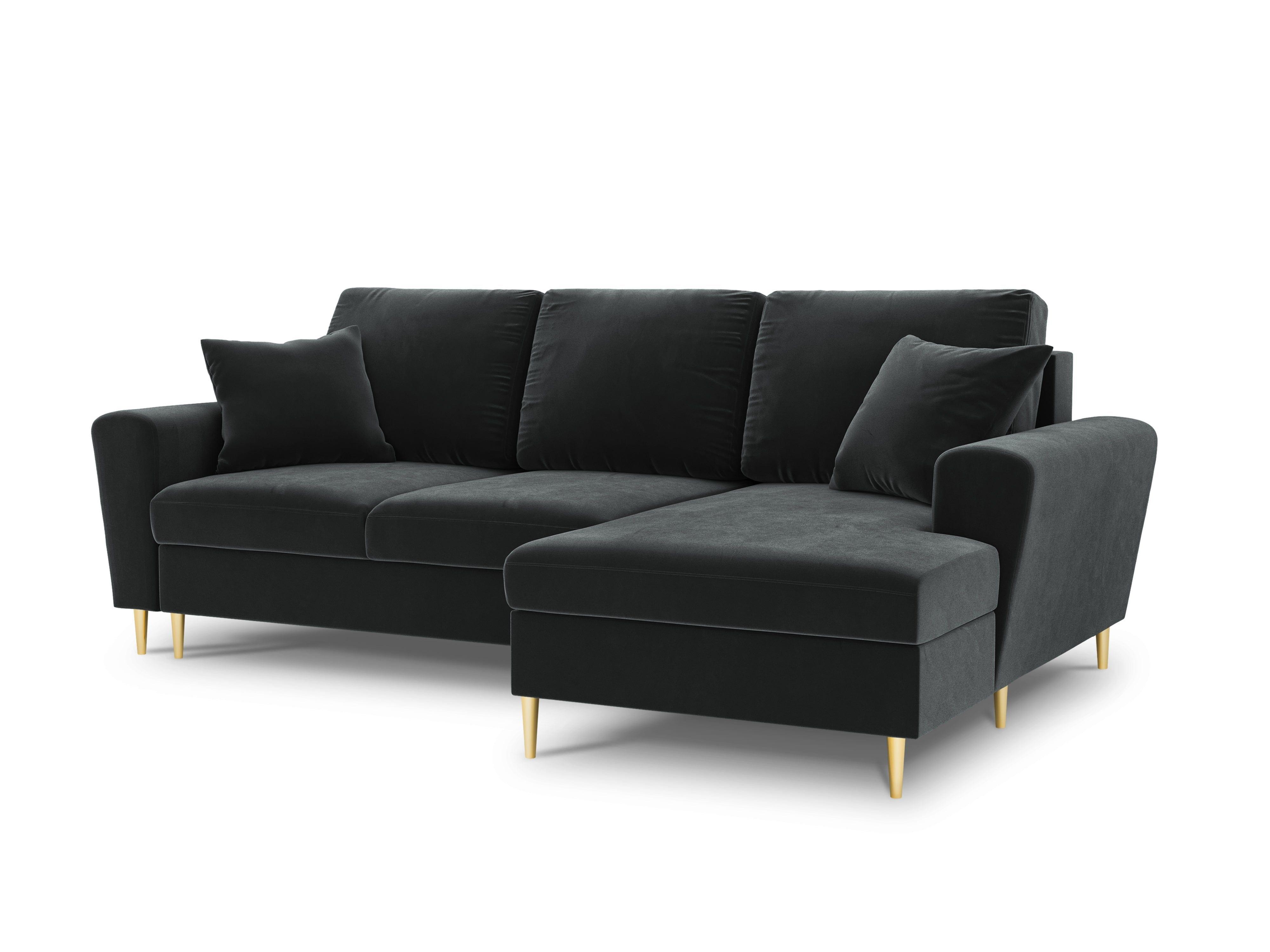 Narożnik prawostronny aksamitny z funkcją spania KYOTO ciemnoszary ze złotą podstawą Cosmopolitan Design Eye on Design