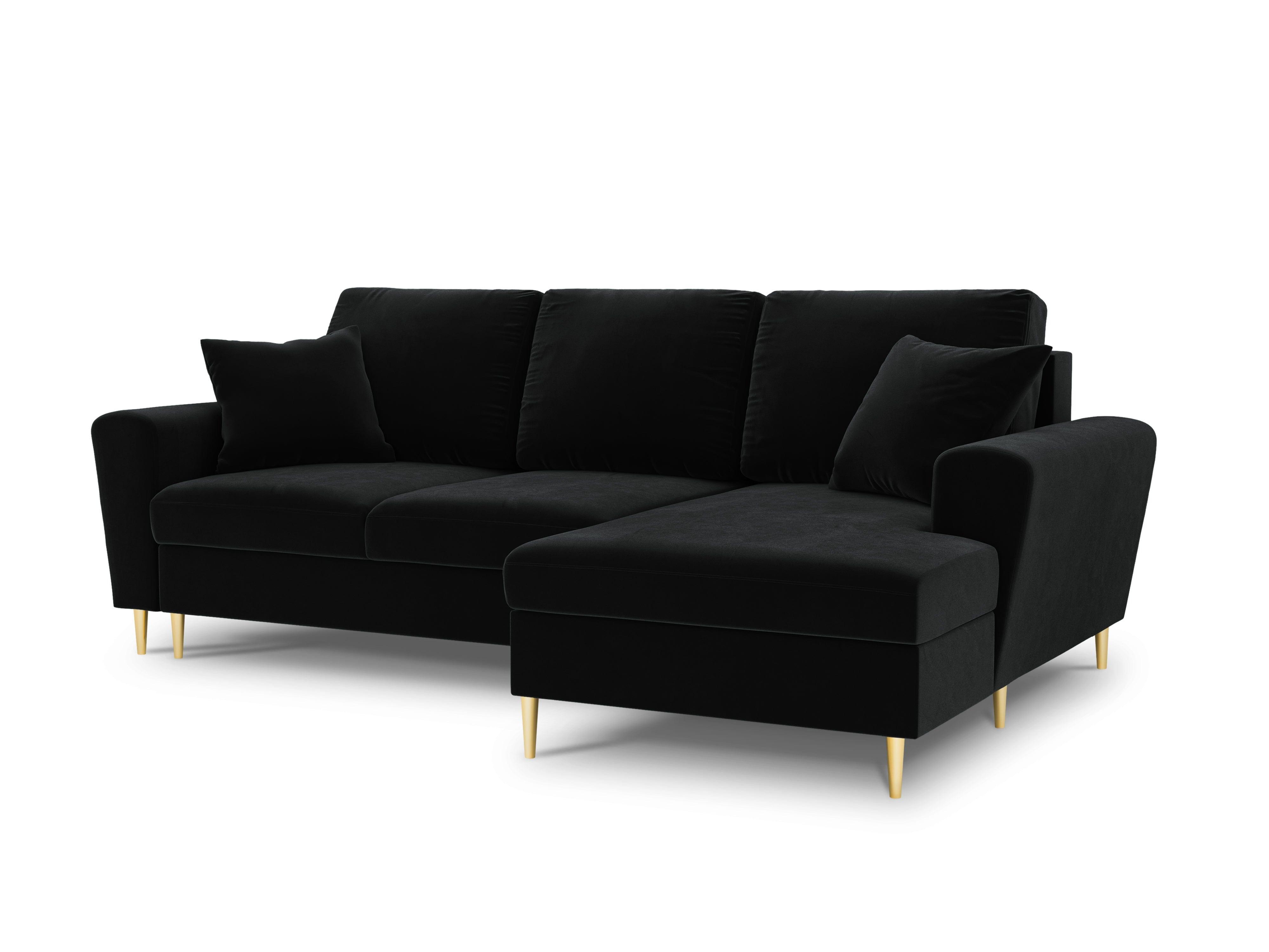 Narożnik prawostronny aksamitny z funkcją spania KYOTO czarny ze złotą podstawą Cosmopolitan Design Eye on Design