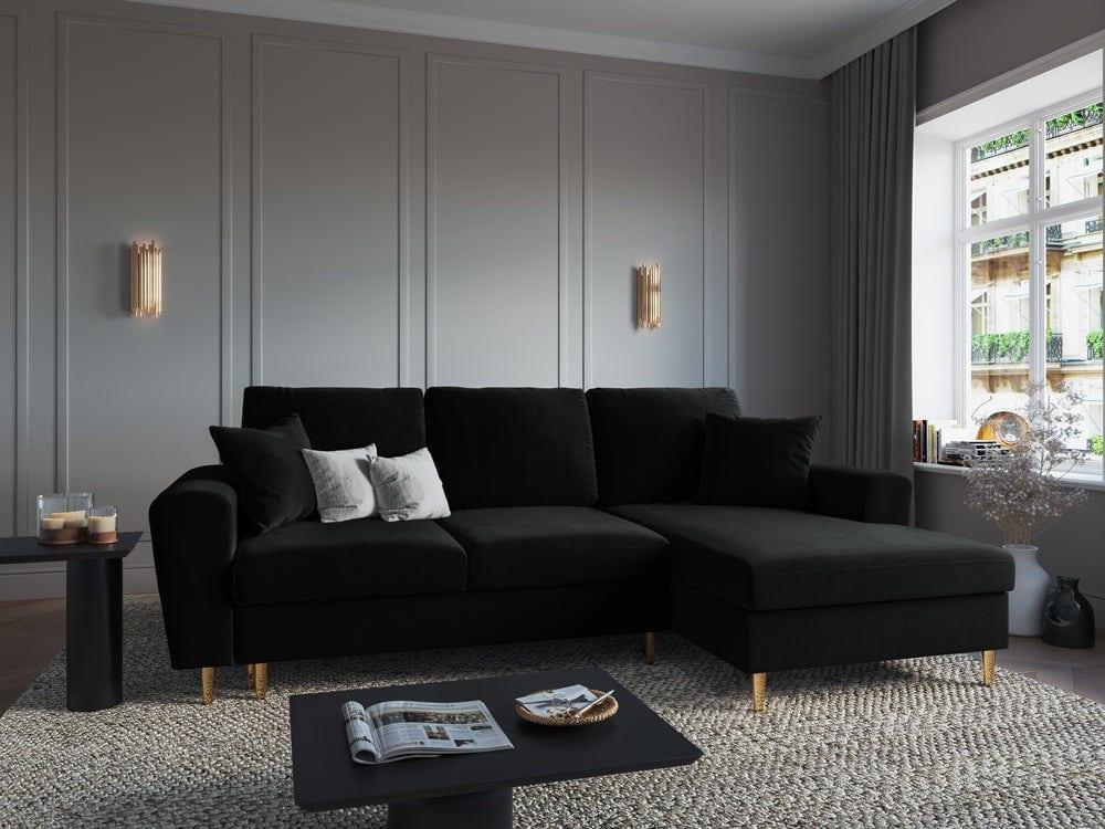 Narożnik prawostronny aksamitny z funkcją spania KYOTO czarny ze złotą podstawą Cosmopolitan Design Eye on Design