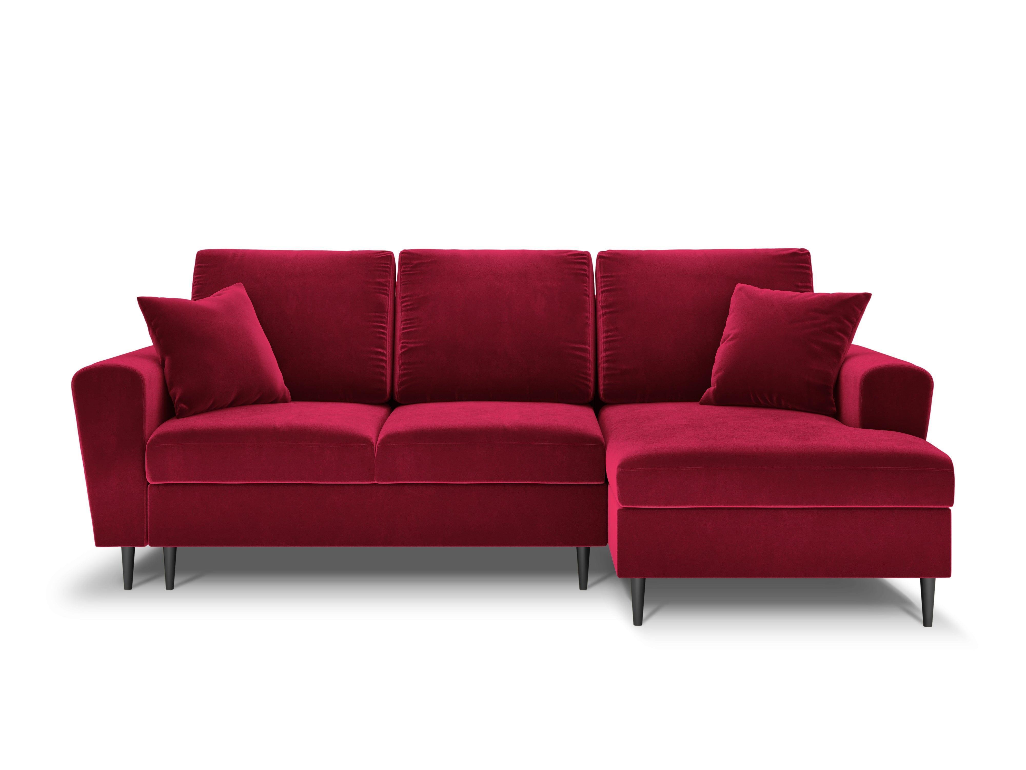 Narożnik prawostronny aksamitny z funkcją spania KYOTO czerwony z czarną podstawą Cosmopolitan Design Eye on Design