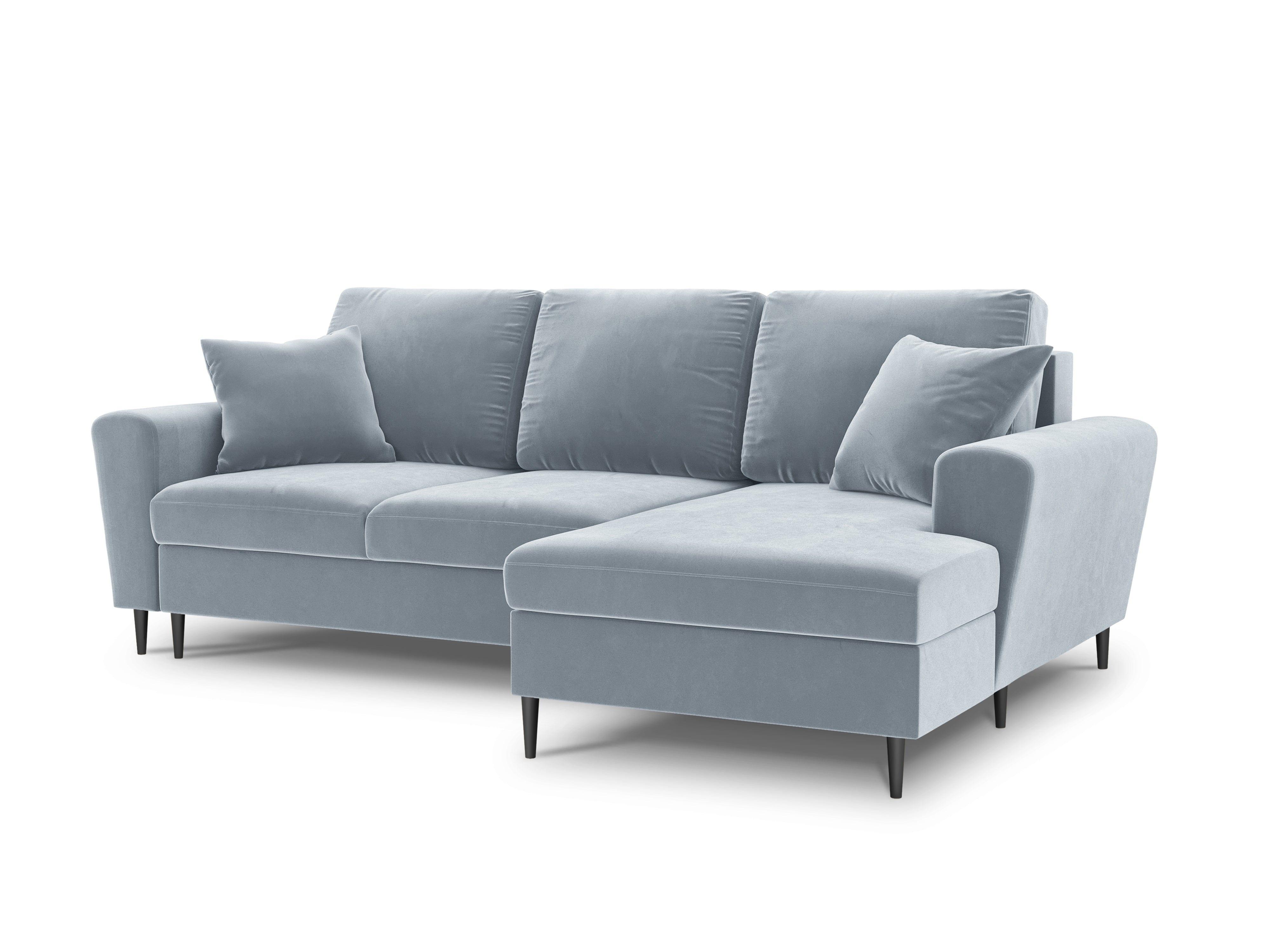 Narożnik prawostronny aksamitny z funkcją spania KYOTO jasnoniebieski z czarną podstawą Cosmopolitan Design Eye on Design