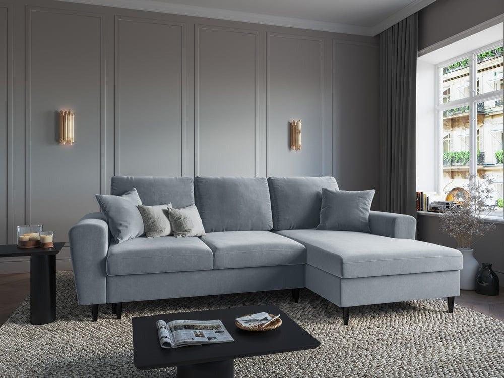 Narożnik prawostronny aksamitny z funkcją spania KYOTO jasnoniebieski z czarną podstawą Cosmopolitan Design Eye on Design