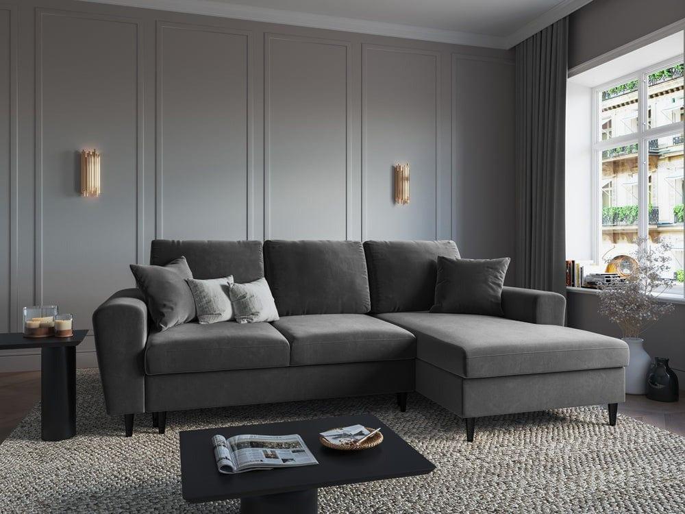 Narożnik prawostronny aksamitny z funkcją spania KYOTO jasnoszary z czarną podstawą Cosmopolitan Design Eye on Design