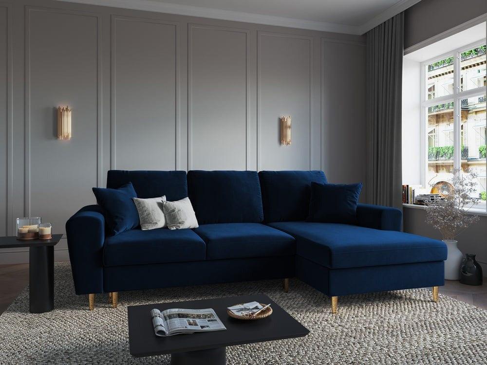 Narożnik prawostronny aksamitny z funkcją spania KYOTO niebieski ze złotą podstawą Cosmopolitan Design Eye on Design