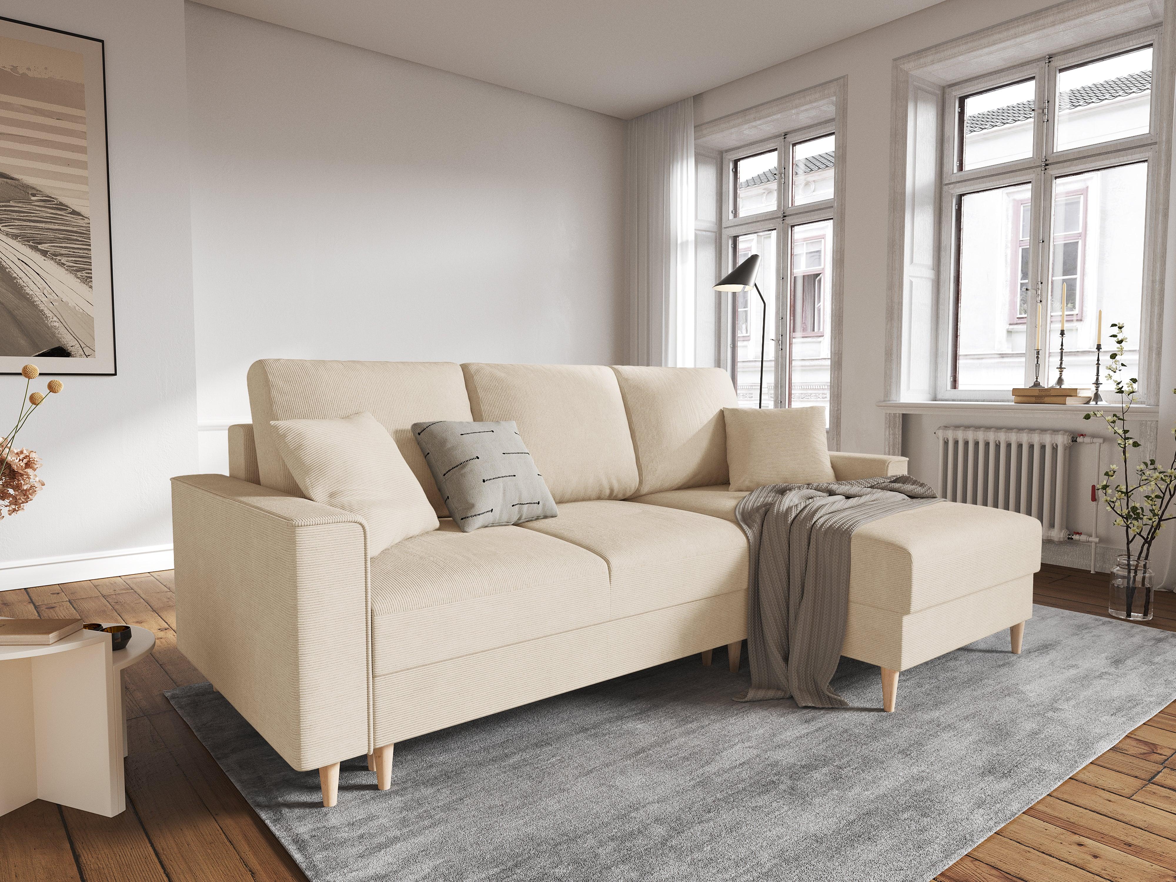 Narożnik prawostronny sztruksowy z funkcją spania CARTADERA beżowy Mazzini Sofas Eye on Design