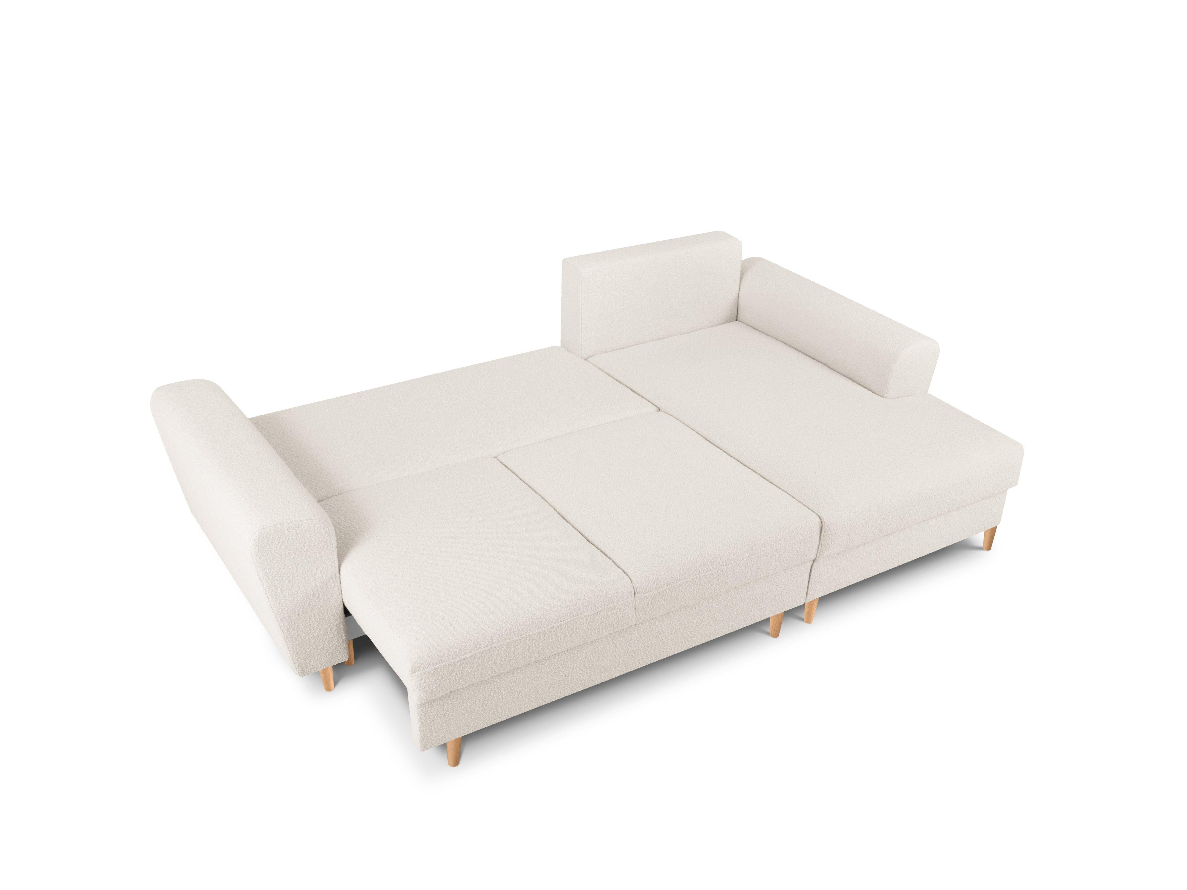 Narożnik prawostronny z funkcją spania KYOTO beżowy bouclé z drewnianą podstawą Cosmopolitan Design Eye on Design