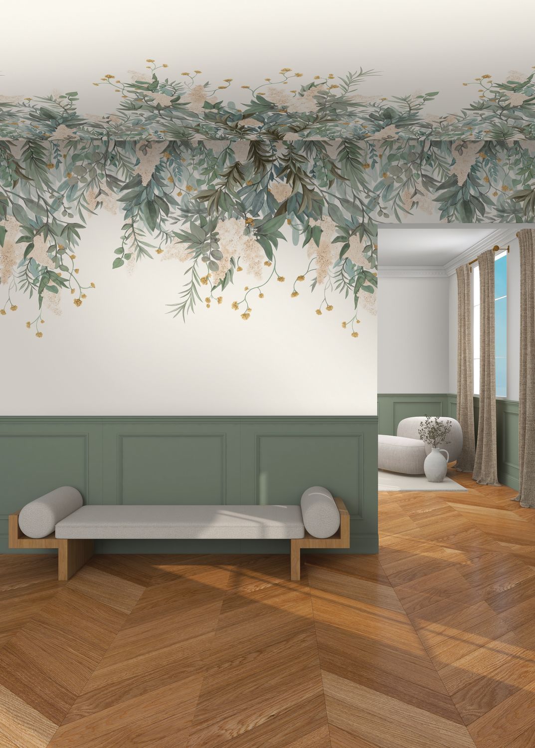 Wandbild WISTERIA grün mit rosa