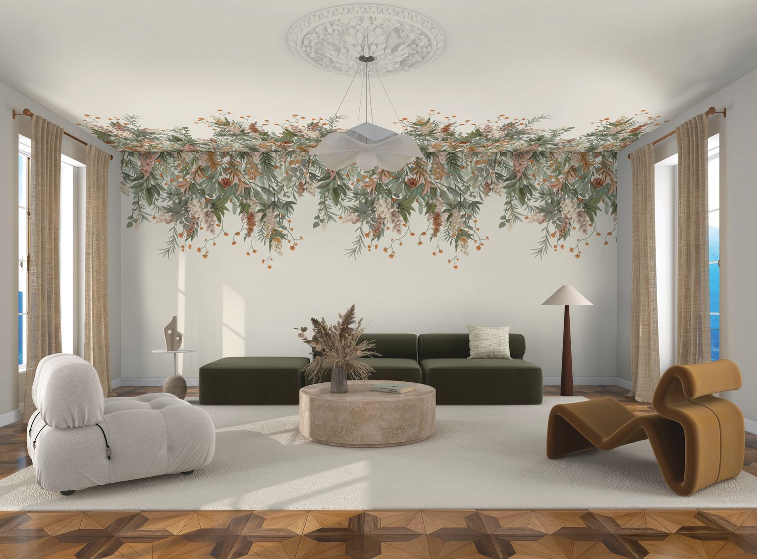 Wandbild WISTERIA grün mit rosa
