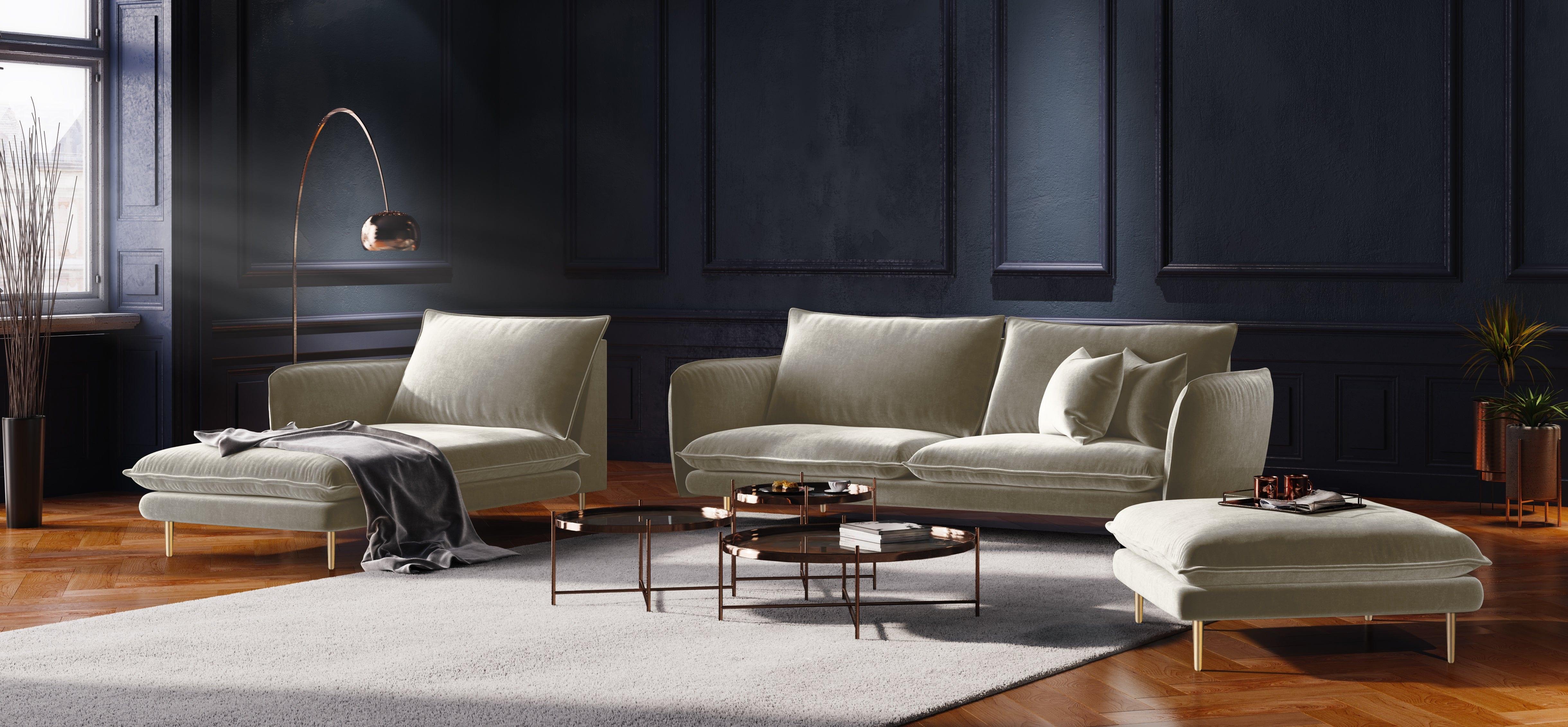 Sofa aksamitna 2-osobowa VIENNA beżowy ze złotą podstawą Cosmopolitan Design Eye on Design