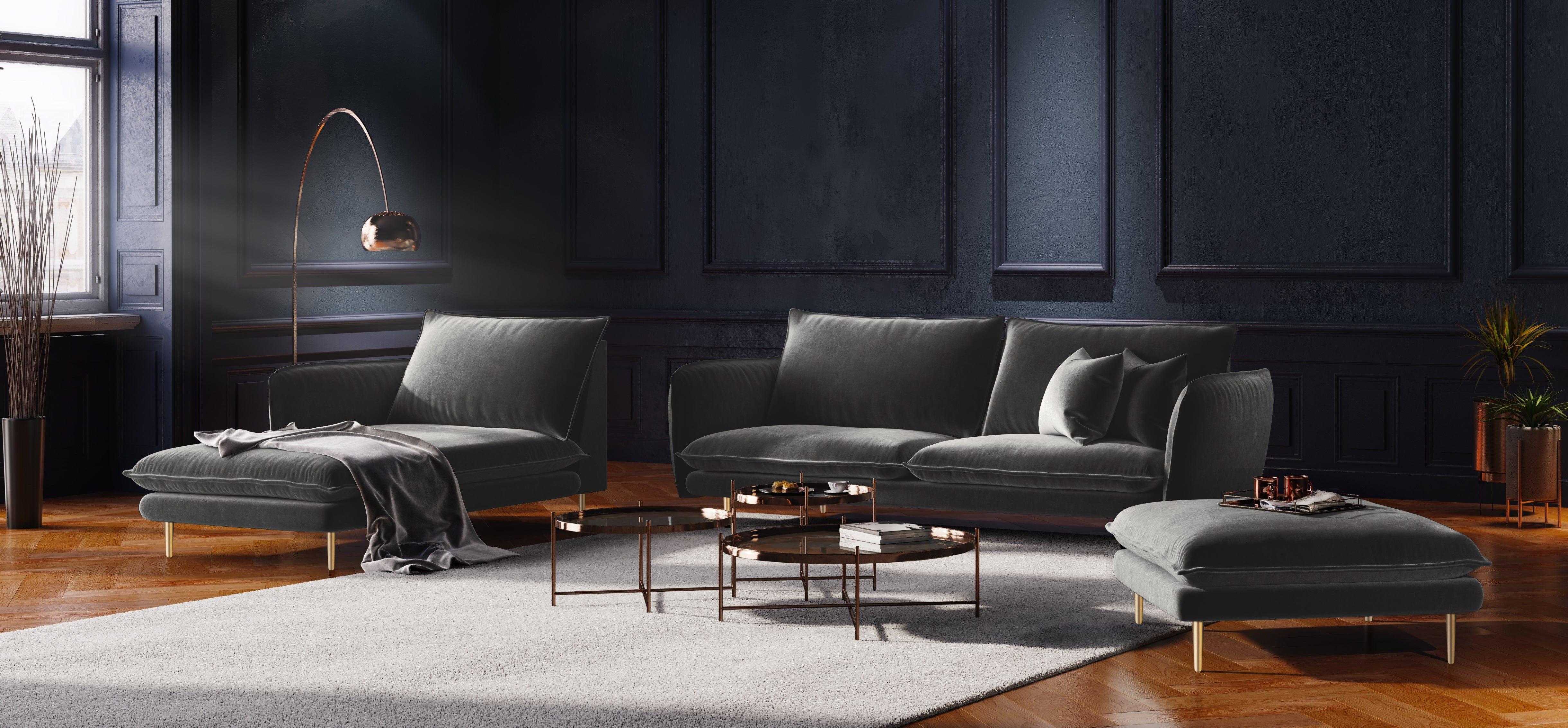 Sofa aksamitna 4-osobowa VIENNA ciemnoszary ze złotą podstawą Cosmopolitan Design Eye on Design