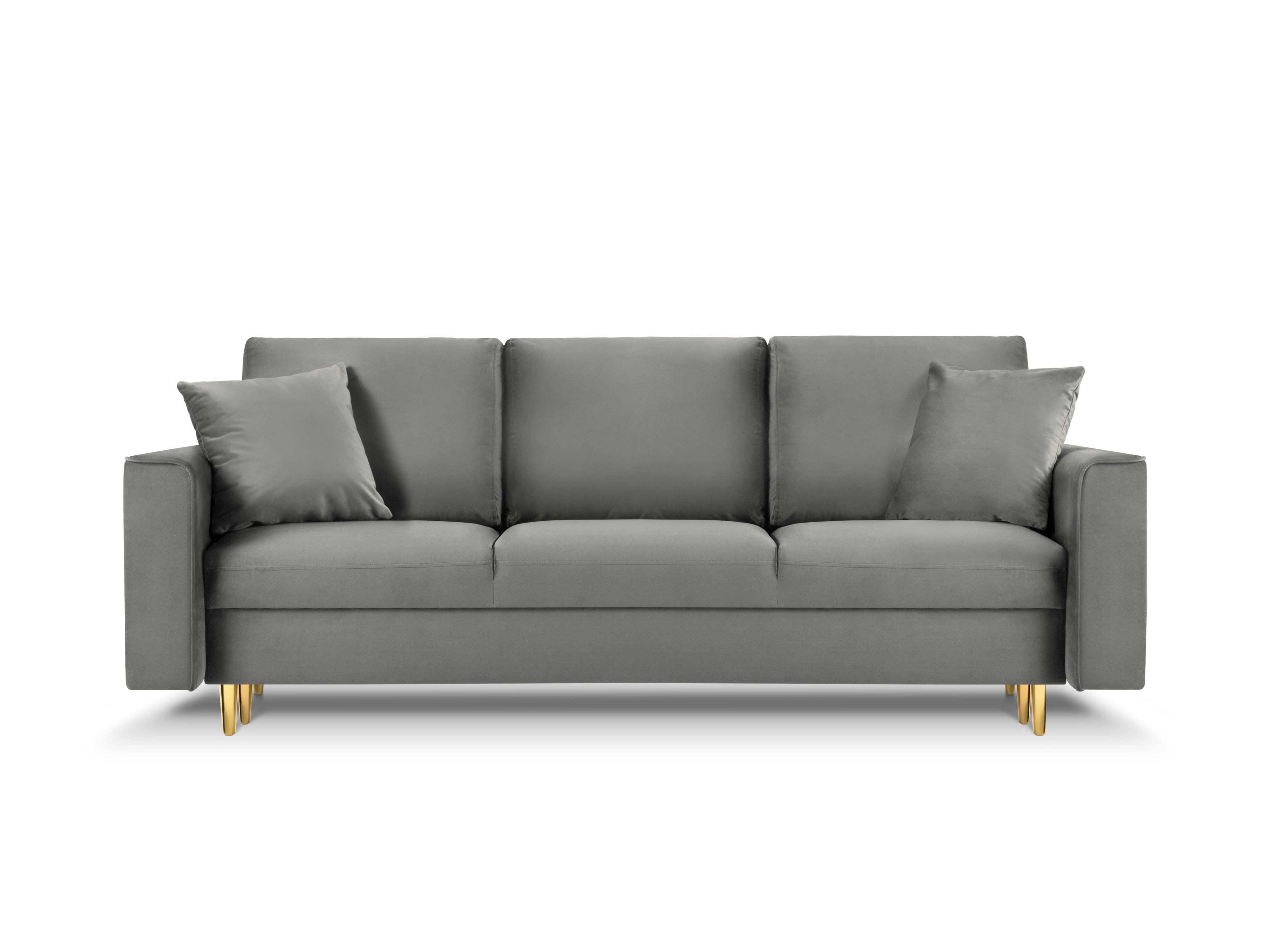 Sofa aksamitna z funkcją spania CARTADERA jasnoszary ze złotą podstawą Mazzini Sofas Eye on Design