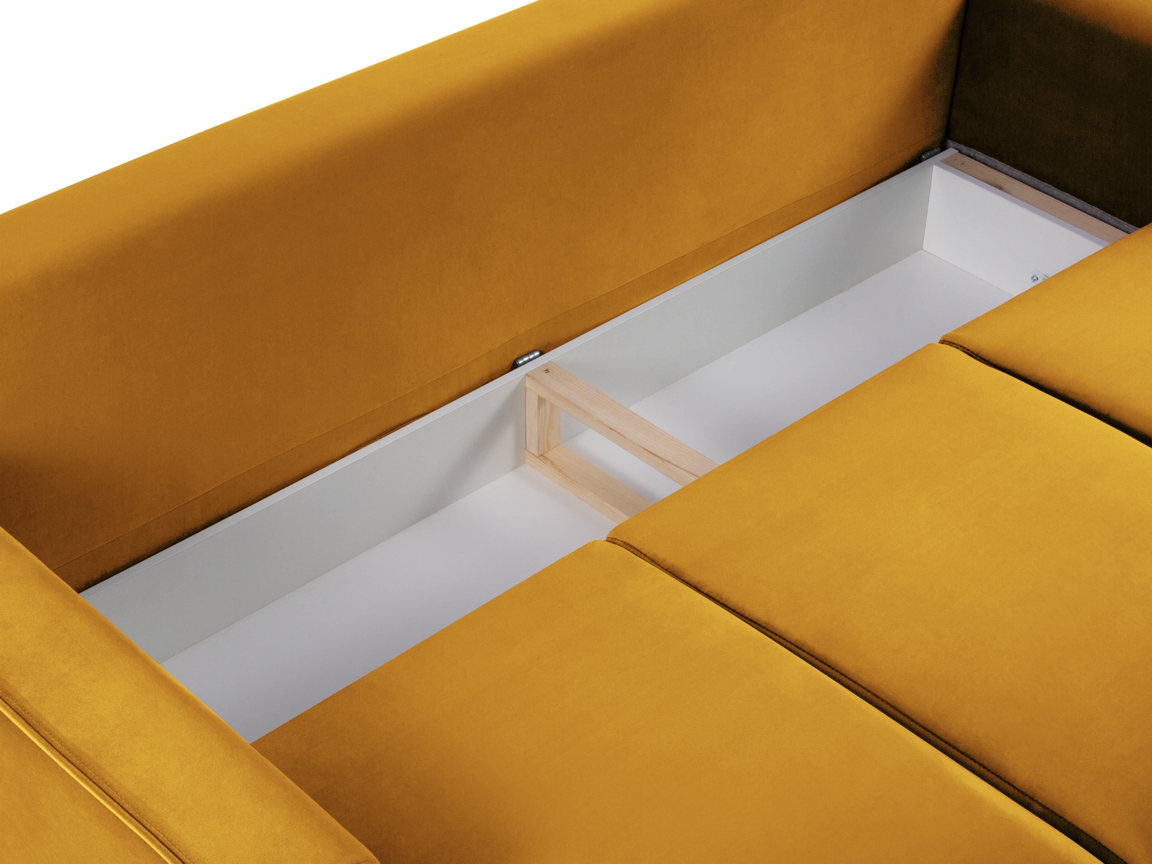 Sofa aksamitna z funkcją spania CARTADERA musztardowy z czarną podstawą Mazzini Sofas Eye on Design