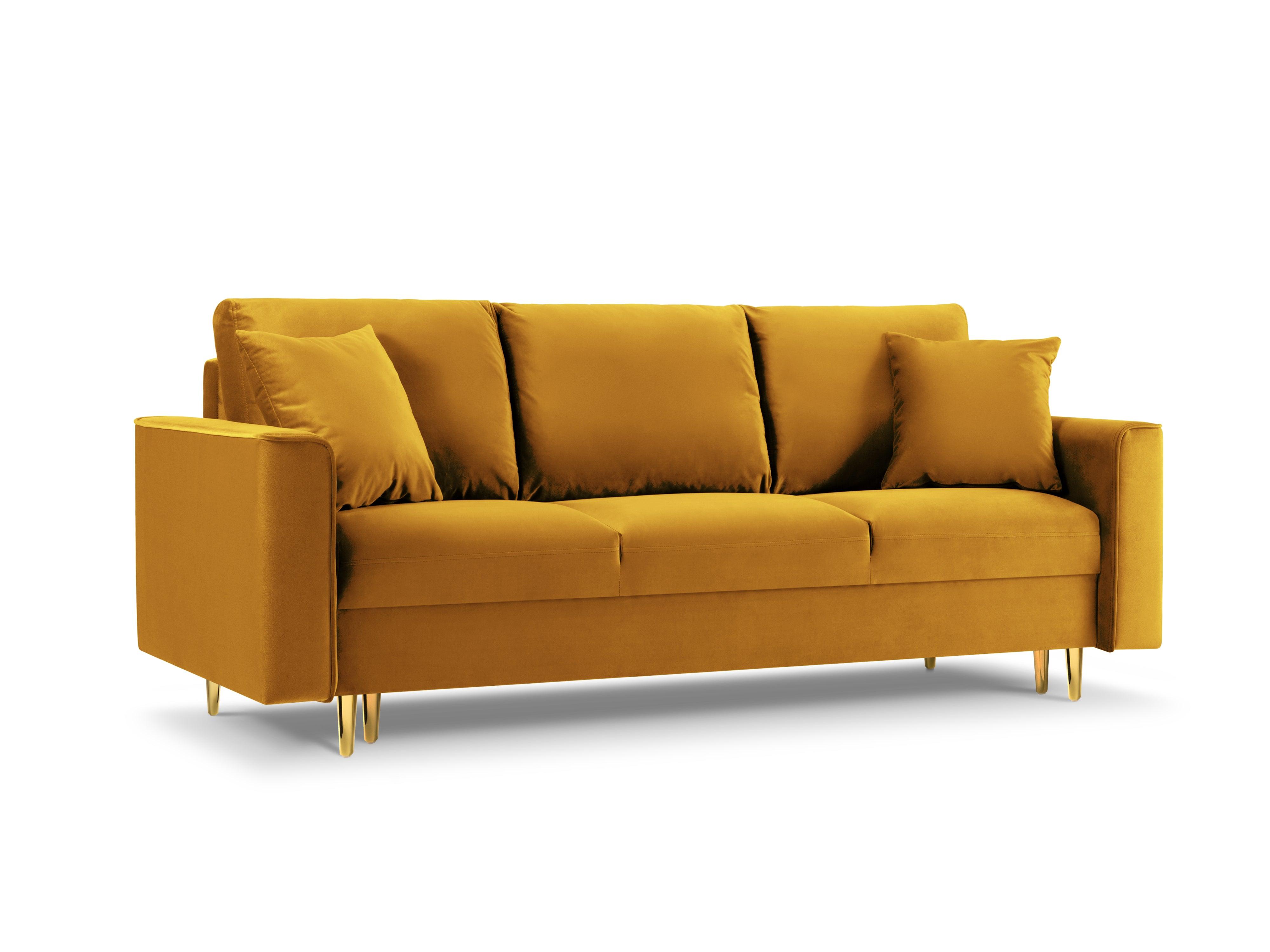 Sofa aksamitna z funkcją spania CARTADERA musztardowy ze złotą podstawą Mazzini Sofas Eye on Design