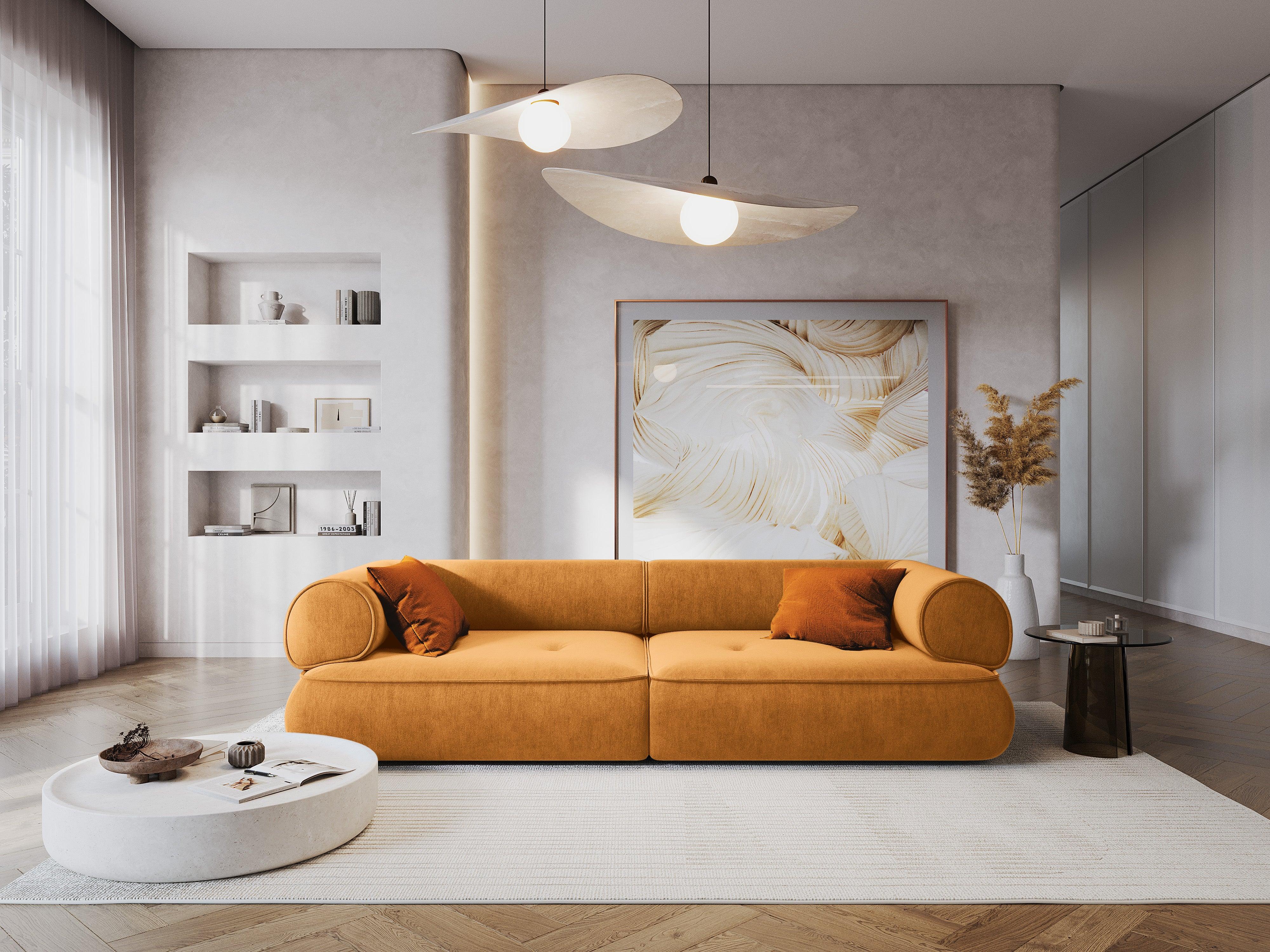 Sofa w tkaninie szenilowej 3-osobowa LILY musztardowy Maison Heritage Eye on Design