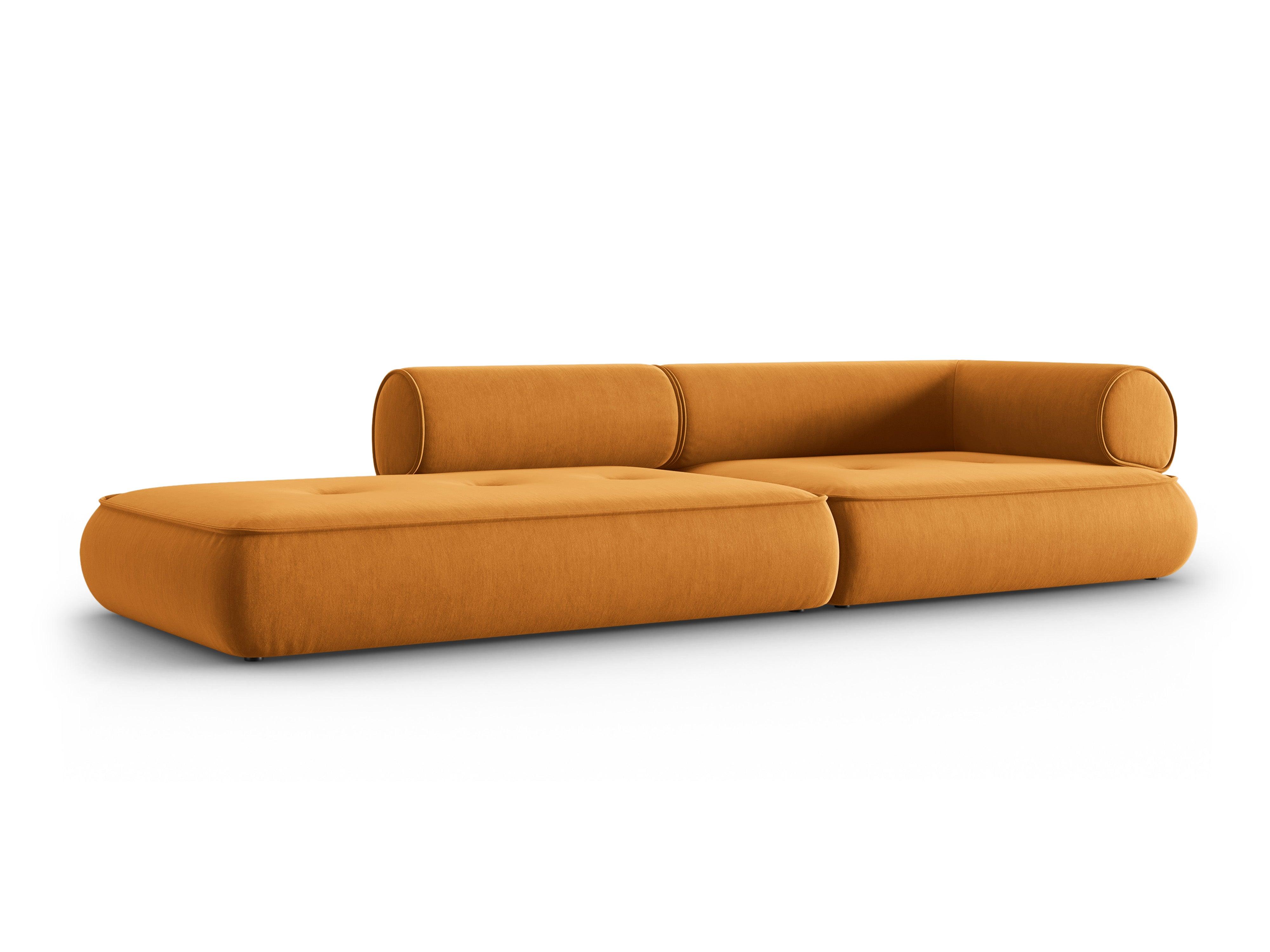 Sofa w tkaninie szenilowej otwarta lewostronna LILY musztardowy Maison Heritage Eye on Design