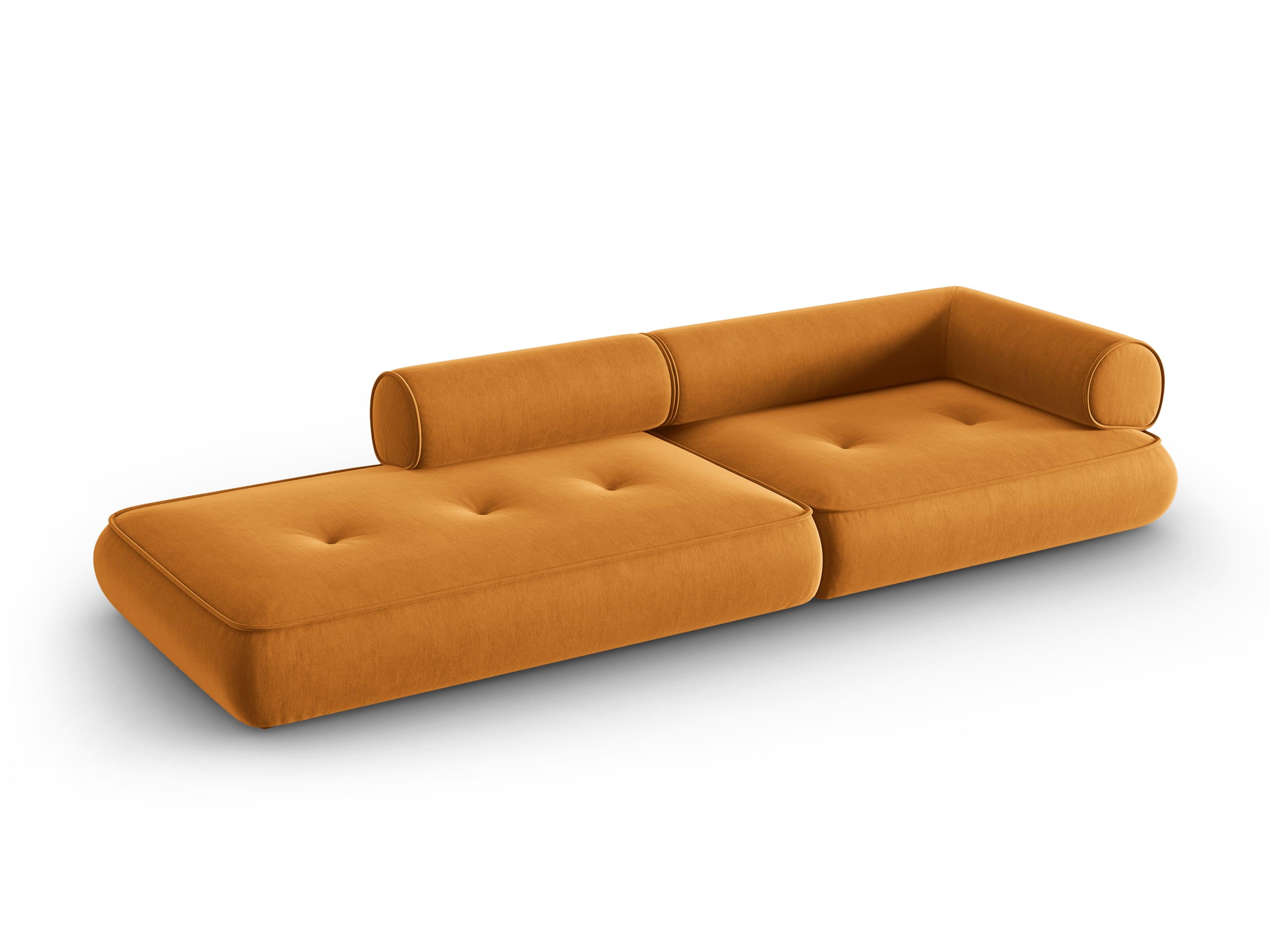 Sofa w tkaninie szenilowej otwarta lewostronna LILY musztardowy Maison Heritage Eye on Design