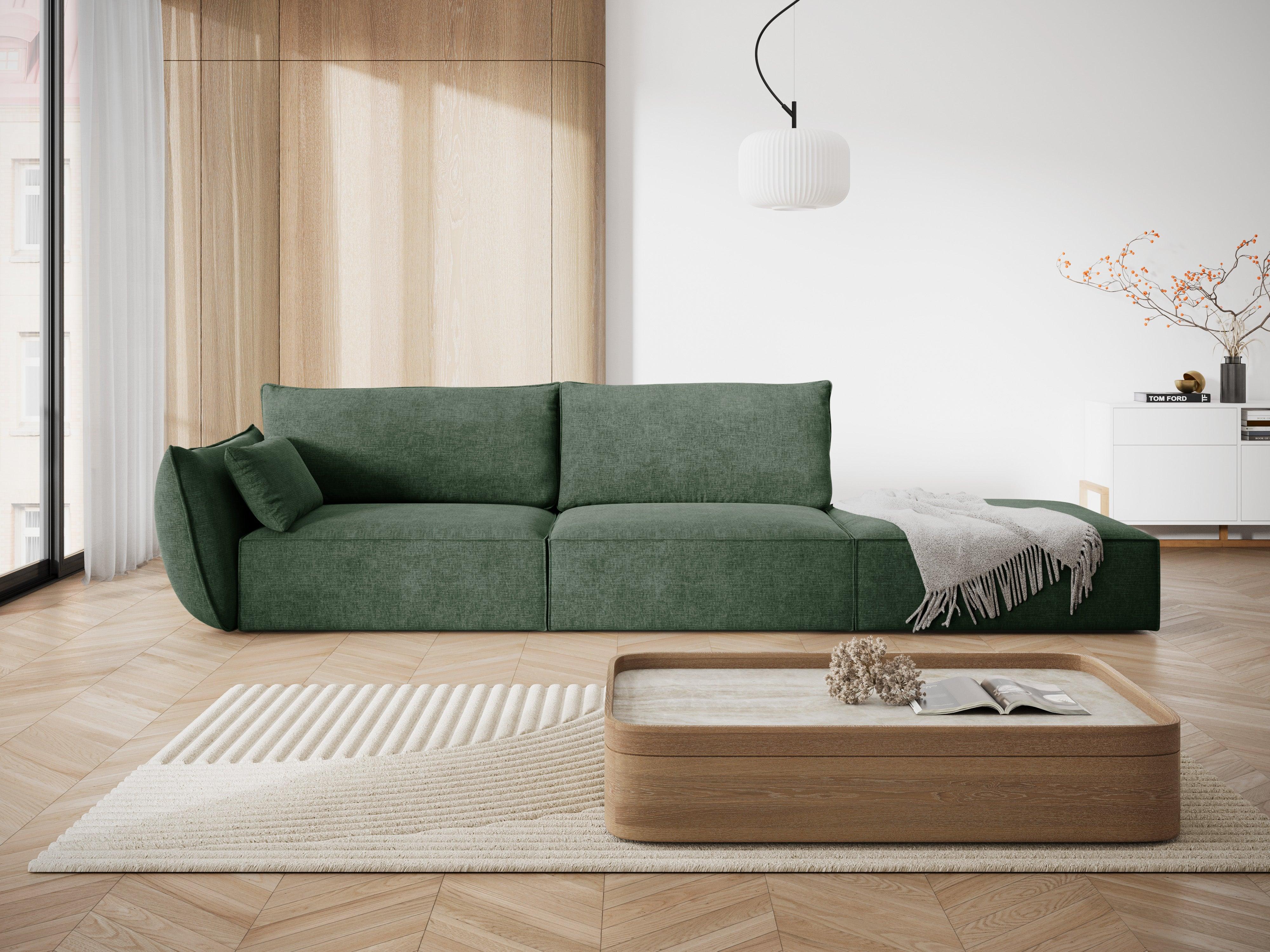Sofa w tkaninie szenilowej prawostronna otwarta VANDA butelkowa zieleń Mazzini Sofas Eye on Design