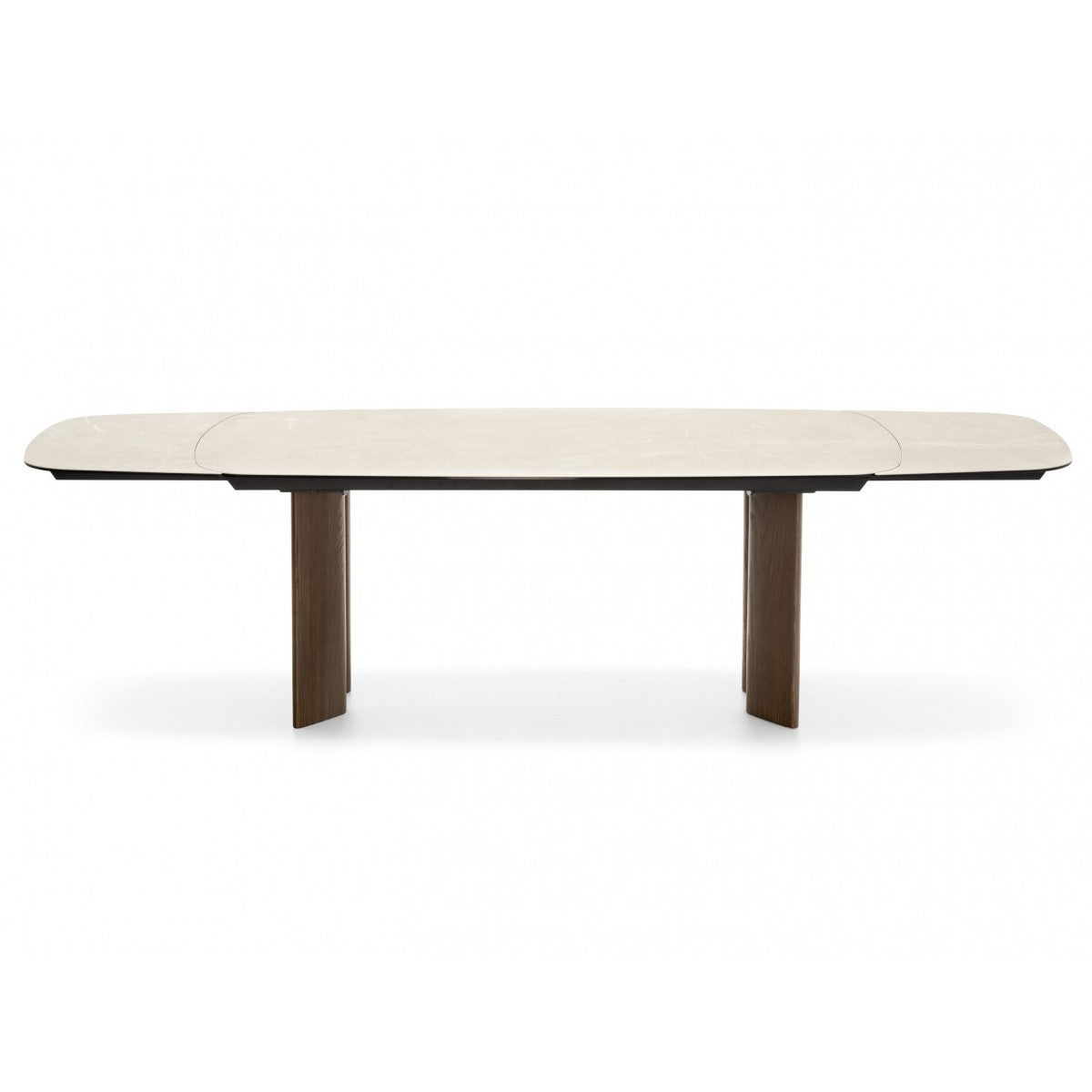 SANDY extendable table with a ceramic top resembling travertine and a walnut base