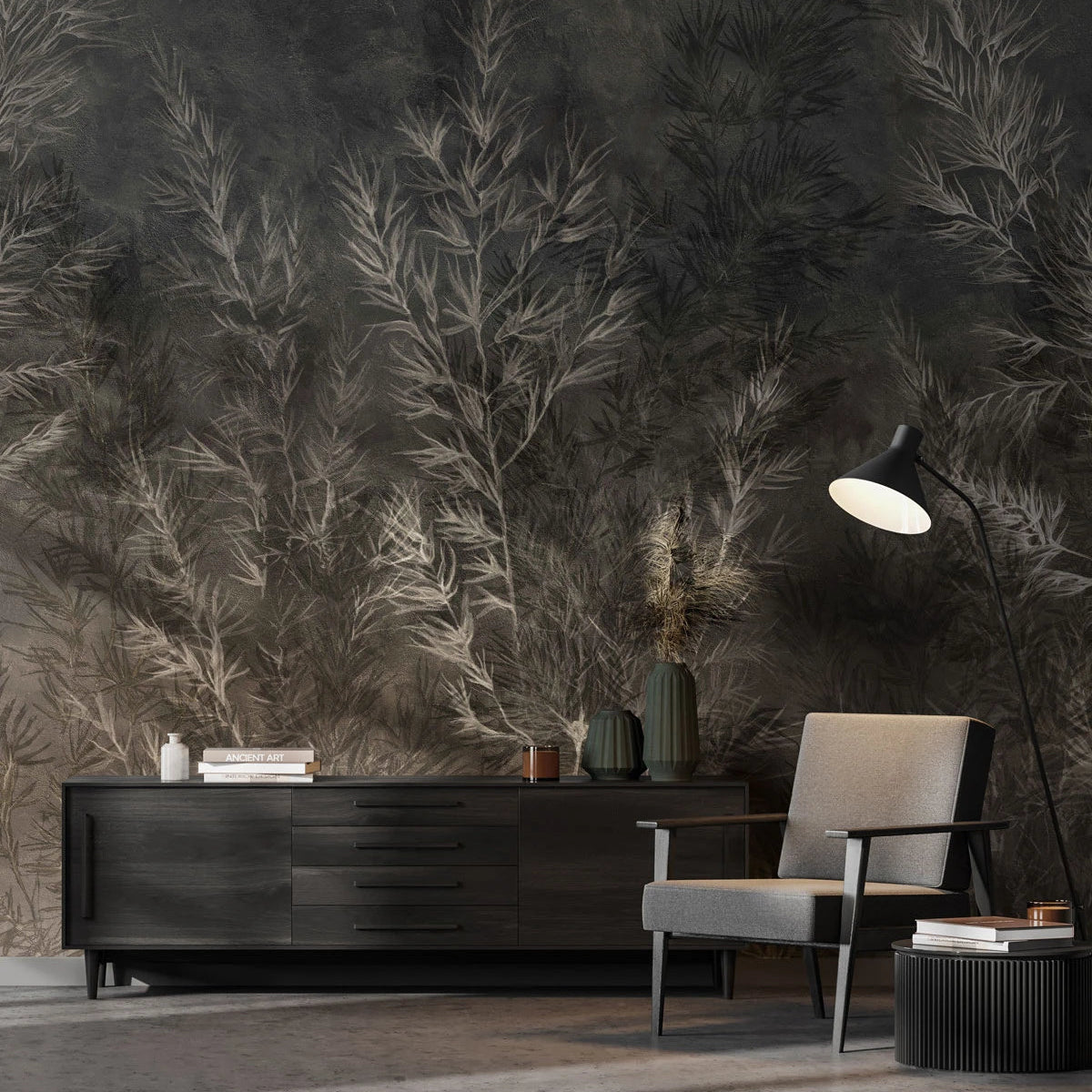 Non-woven wallpaper with a plant pattern DRY GRASS dark green