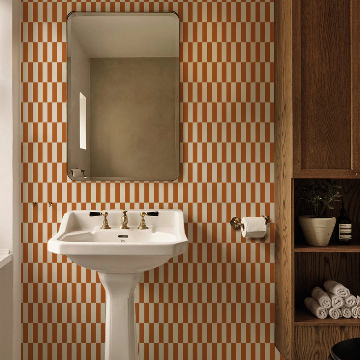 Non-woven wallpaper with geometric pattern TETRIS STRIPE terracotta