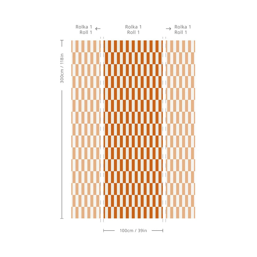 Non-woven wallpaper with geometric pattern TETRIS STRIPE terracotta