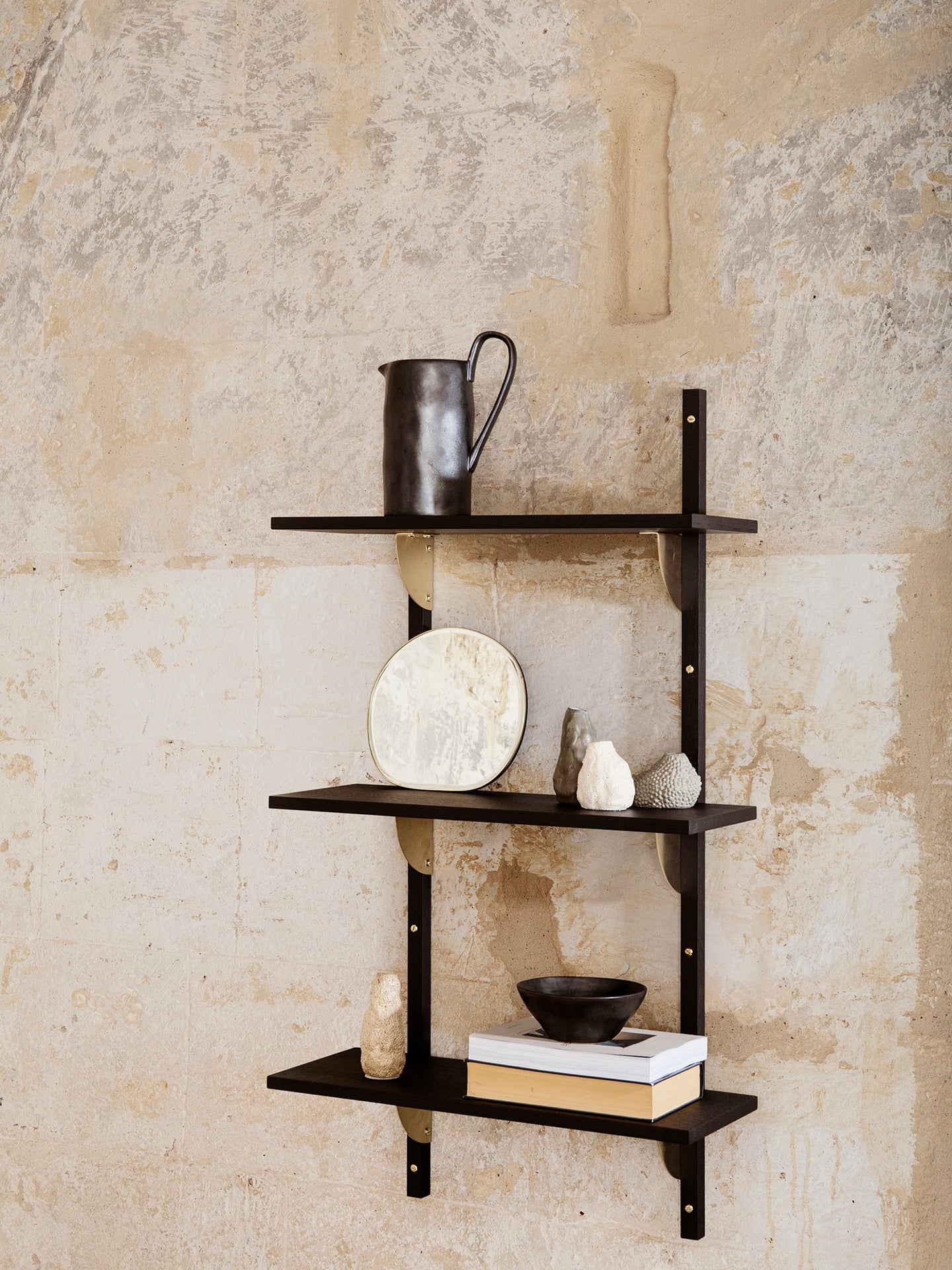 SECTOR TRIPLE NARROW shelf in black ash veneer with brass finish